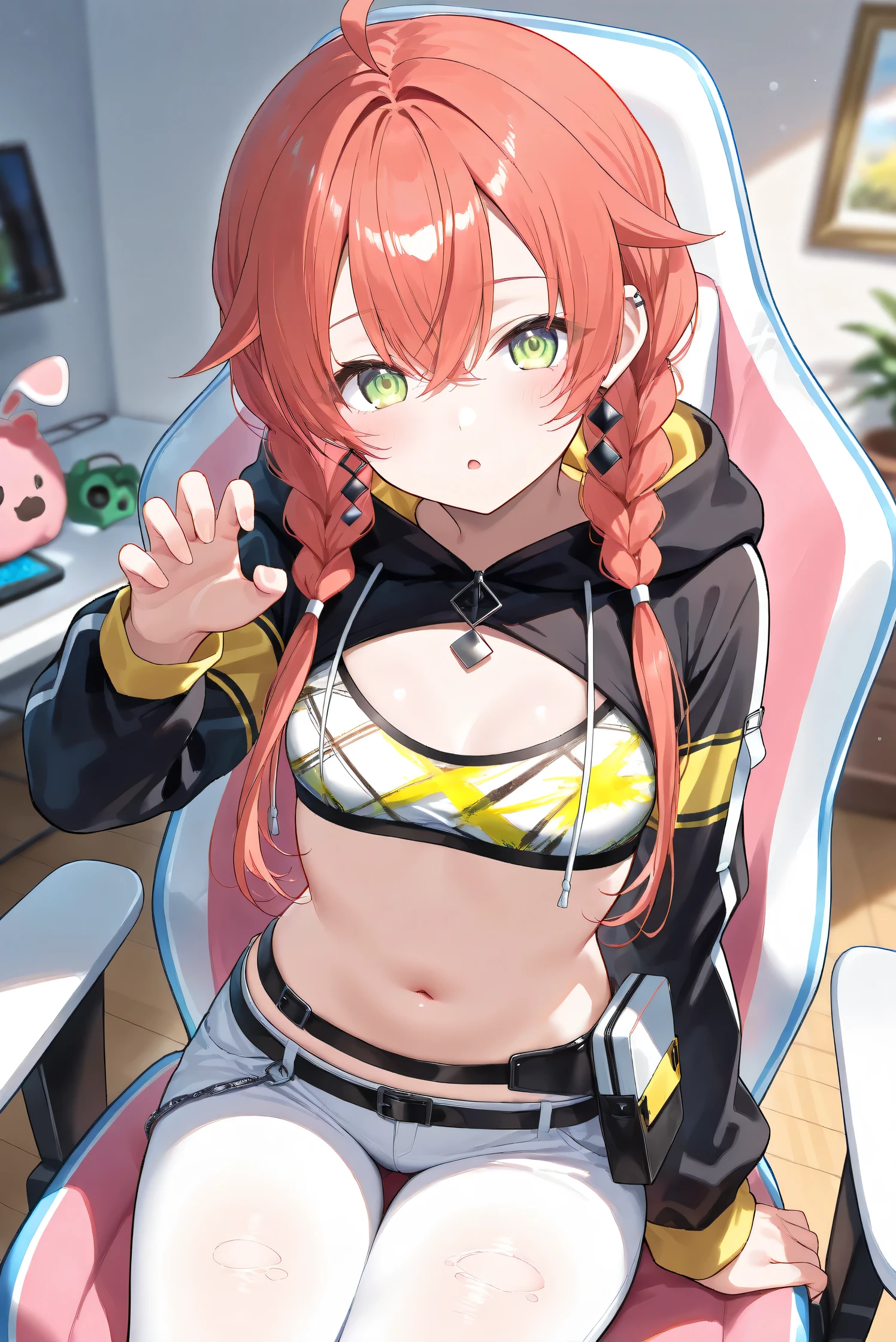 (Masterpiece), (Highest quality), (Very detailed), 
(The best shape), (Best Shadow), (Absurd), 
(Detailed background), (So beautiful), (Shiny), 
(Extraordinary), (Countershading), (8k), (32K), 
(High resolution), (Very Detailed CG), (UHD),

(Score_9), (Score_8_up), (Score_7_up), 
(Source_anime), (Pastel painting:1.2), 
(Watercolor painting:1.2),(Masterpiece, Detailed:1.2), (Foreshortening:1.2),

(Cinematic), (Dramatic), (Depth of field:1.4),
(Blurry background:1.4), (Realistic background:1.4),
(Foreshortening:1.3), (Dynamic angle), (1 girl), (solo), 

(indoor), (her room), (gaming chair), 

(Kuramochi Meruto), (Nijisanji), (Virtual youtuber), 

nijiakari, small breasts, green eyes, long eyelashes,
red hair, pink hair, orange hair, long hair, twin braids, bangs, ahoge, hair over shoulder, earring,

nijiakaricos, print crop top, midriff, stomach, navel, black belt, chain, pouch, white pants, long pants,
lowleg pants, torn pants, black shrug\(clothing\),
long sleeves, black hood, 

SA1stHairstyle, SA1stCostume, red hair, 
low twin braids, green eyes, eyelashes, ahoge, asymmetrical earrings, ear piercing, black hoodie, 
hood down, crop top, cleavage, torn pants, 

(cowboy shot), 
(focus on face), (close up shot), 
(blash:1.3), (parted lips), (open mouth), 
(hood down), (droopy eyes:1.3), 
(sitting the gaming chair), (crow pose), 