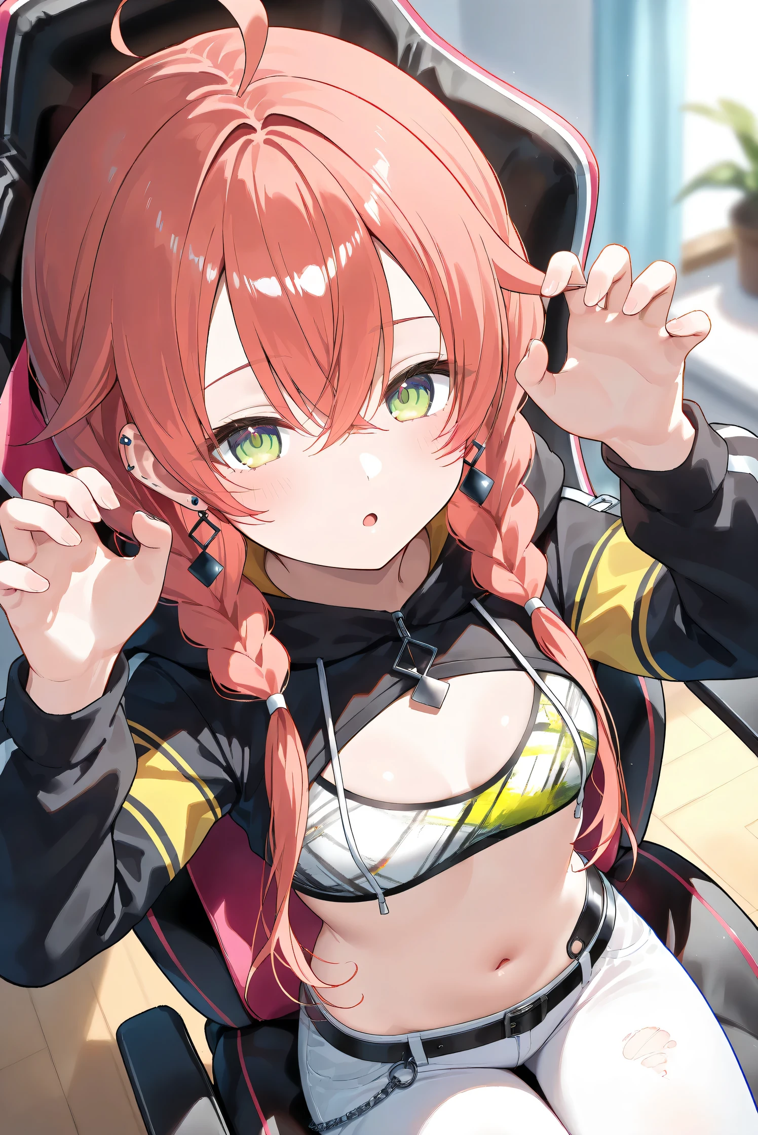 (Masterpiece), (Highest quality), (Very detailed), 
(The best shape), (Best Shadow), (Absurd), 
(Detailed background), (So beautiful), (Shiny), 
(Extraordinary), (Countershading), (8k), (32K), 
(High resolution), (Very Detailed CG), (UHD),

(Score_9), (Score_8_up), (Score_7_up), 
(Source_anime), (Pastel painting:1.2), 
(Watercolor painting:1.2),(Masterpiece, Detailed:1.2), (Foreshortening:1.2),

(Cinematic), (Dramatic), (Depth of field:1.4),
(Blurry background:1.4), (Realistic background:1.4),
(Foreshortening:1.3), (Dynamic angle), (1 girl), (solo), 

(indoor), (her room), (gaming chair), 

(Kuramochi Meruto), (Nijisanji), (Virtual youtuber), 

nijiakari, small breasts, green eyes, long eyelashes,
red hair, pink hair, orange hair, long hair, twin braids, bangs, ahoge, hair over shoulder, earring,

nijiakaricos, print crop top, midriff, stomach, navel, black belt, chain, pouch, white pants, long pants,
lowleg pants, torn pants, black shrug\(clothing\),
long sleeves, black hood, 

SA1stHairstyle, SA1stCostume, red hair, 
low twin braids, green eyes, eyelashes, ahoge, asymmetrical earrings, ear piercing, black hoodie, 
hood down, crop top, cleavage, torn pants, 

(cowboy shot), (from above), 
(focus on face), (close up shot), 
(blash:1.3), (parted lips), (open mouth), 
(hood down), (droopy eyes:1.3), 
(sitting the gaming chair), (crow pose), 