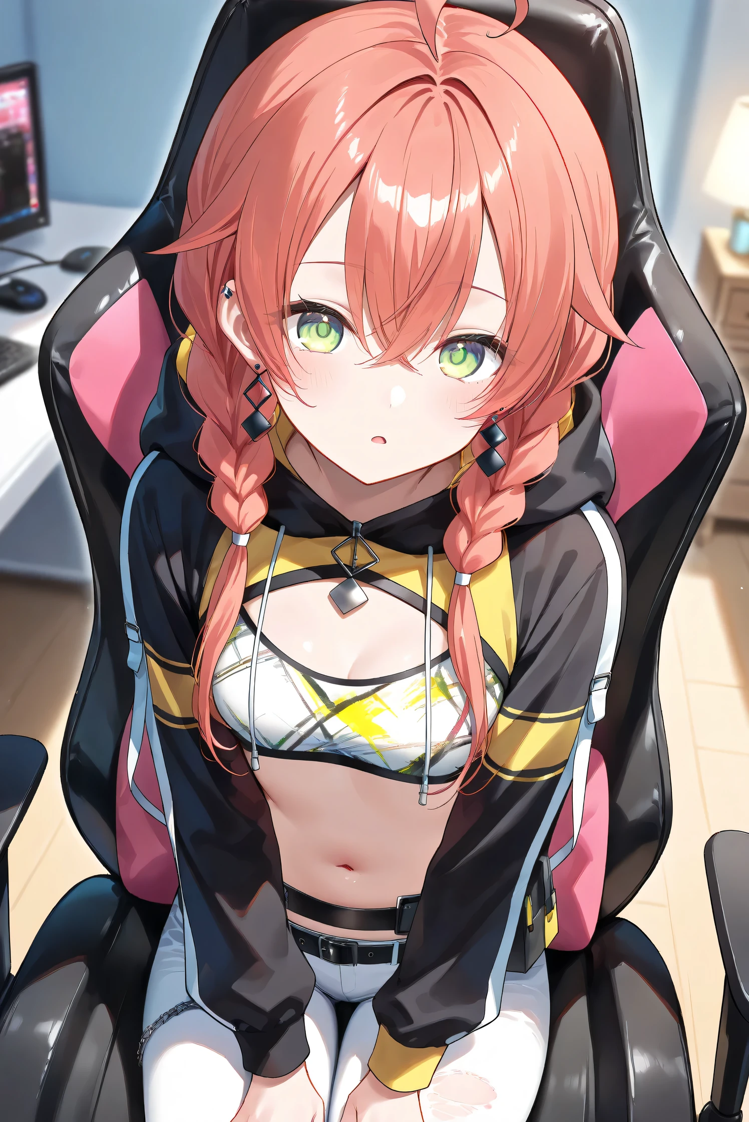 (Masterpiece), (Highest quality), (Very detailed), 
(The best shape), (Best Shadow), (Absurd), 
(Detailed background), (So beautiful), (Shiny), 
(Extraordinary), (Countershading), (8k), (32K), 
(High resolution), (Very Detailed CG), (UHD),

(Score_9), (Score_8_up), (Score_7_up), 
(Source_anime), (Pastel painting:1.2), 
(Watercolor painting:1.2),(Masterpiece, Detailed:1.2), (Foreshortening:1.2),

(Cinematic), (Dramatic), (Depth of field:1.4),
(Blurry background:1.4), (Realistic background:1.4),
(Foreshortening:1.3), (Dynamic angle), (1 girl), (solo), 

(indoor), (her room), (gaming chair), 

(Kuramochi Meruto), (Nijisanji), (Virtual youtuber), 

nijiakari, small breasts, green eyes, long eyelashes,
red hair, pink hair, orange hair, long hair, twin braids, bangs, ahoge, hair over shoulder, earring,

nijiakaricos, print crop top, midriff, stomach, navel, black belt, chain, pouch, white pants, long pants,
lowleg pants, torn pants, black shrug\(clothing\),
long sleeves, black hood, 

SA1stHairstyle, SA1stCostume, red hair, 
low twin braids, green eyes, eyelashes, ahoge, asymmetrical earrings, ear piercing, black hoodie, 
hood down, crop top, cleavage, torn pants, 

(portrait), 
(focus on face), (close up shot), 
(blash:1.3), (parted lips), (open mouth), 
(hood down), (droopy eyes:1.3), 
(sitting the gaming chair), (looking back), 
(looking at viewer), 