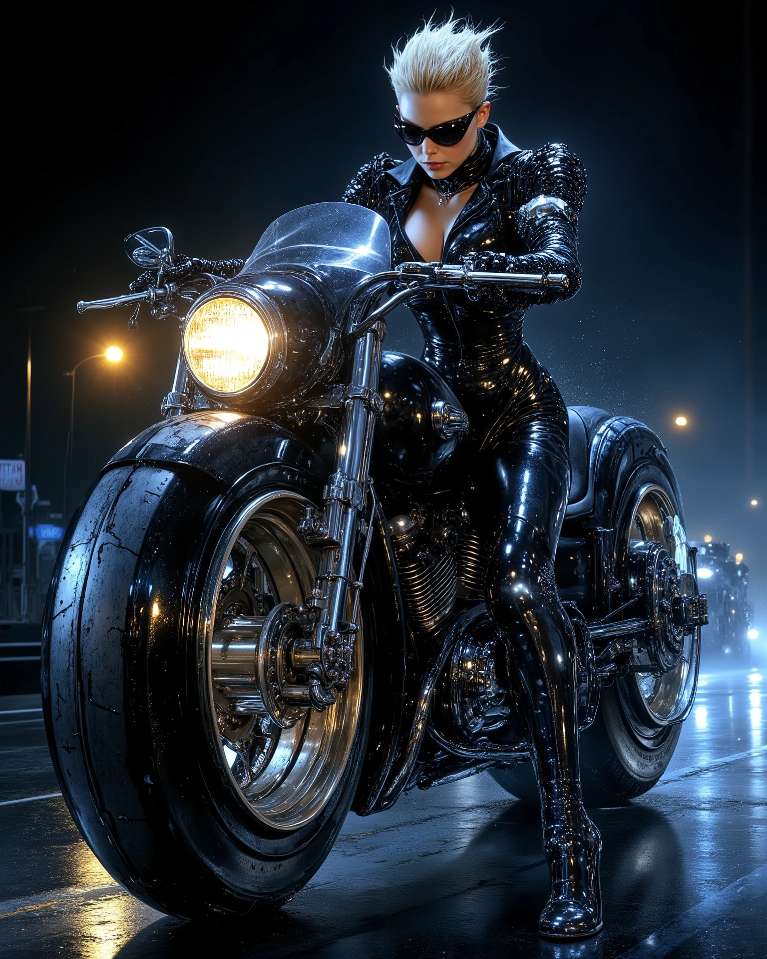 realistic illustration (( in the center ))) Brutal красотка , motorcycle terminator girl black liquid metal model, brutally sitting on huge cool Harley Davidson hands on the wheel, on a black highway that goes beyond the night horizon, dangerous beauty, blond short-haired hedgehog hair, black sunglasses drops, leg, full body, grace , piercing pose, emphasizing ideal body anatomy, thin waist, Brutal, in the style of Jay Anakleto and Anna Ignatyeva. Unique fantasy masterpiece. The mystical fantasy style of Carole Buck, unique paintings by Luis Royo, Lindsey Norman's incredible concept, luxury, intricate looks, high detail, complexity and volume, beautiful masterpieces, Francois Boucher, perfect anatomy, Blue and yellow , MINIDEM