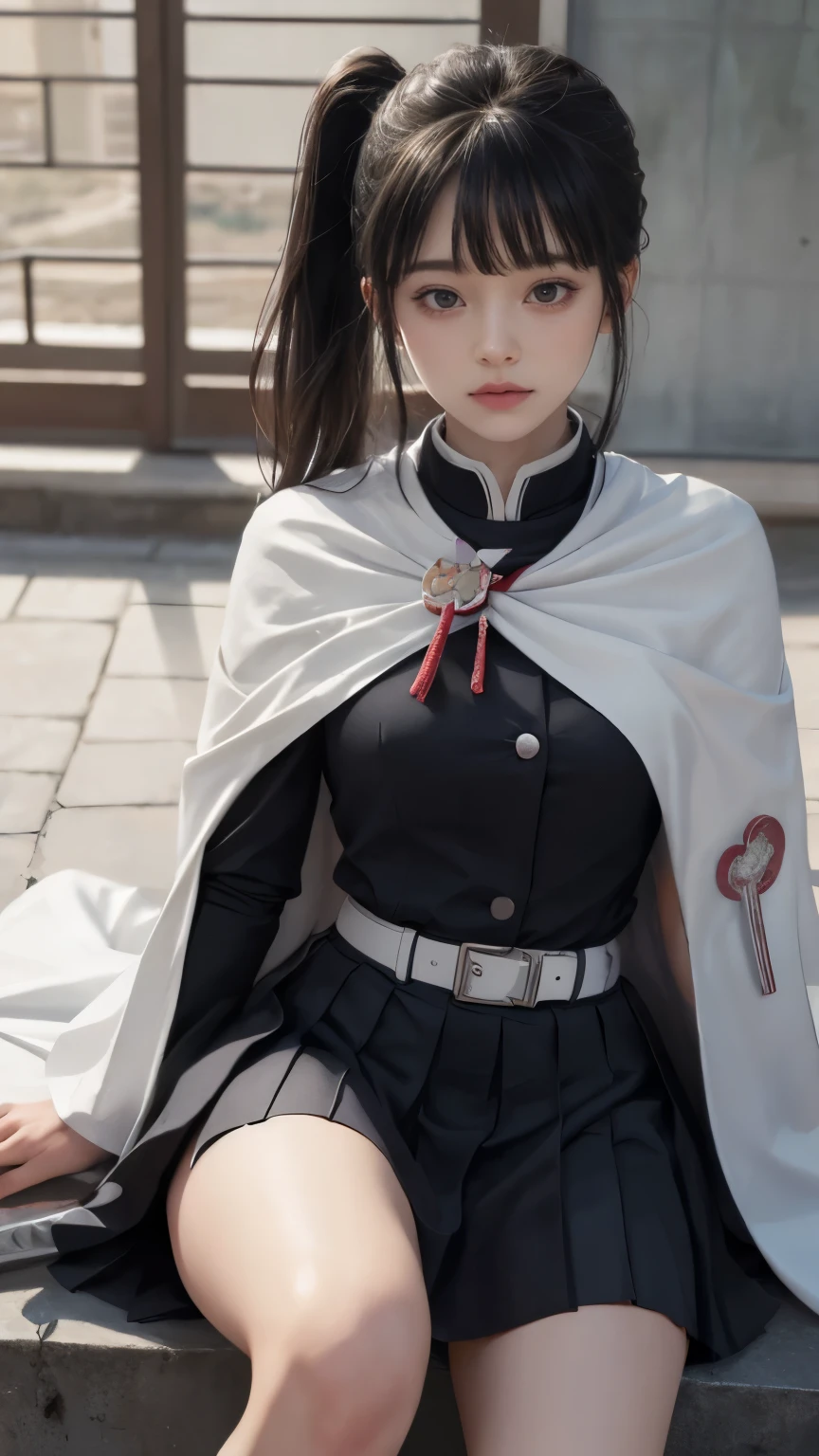 (Original photo, Highest Quality), (realistic, Photorealistic truth: 1.3), Highest Quality, very detailed, masterpiece, super detailed, figure, one girl, Kanao Tsuyuri, ((Buns pats,side ponytail)),(( Demon Slayer Uniform:1.4)), butterfly headdress,( white belt), ( White cape),, (black jacket), (pleated skirt), belt, (black skirt), knees, buckle, belt buckle, depth_body, dynamic angle, World Mastery Theatre, Long flowing hair, Fluorescent Center, Highest Quality, very detailedなCG統合8K壁紙, ink, wonderful, Cinema Lighting, lens_flare, wuxia_style,(((Straight Bang:1.4))),(straight bangs:1.4), natural makeup,ready for battle, giant tit，Mr.々pose,wide field of view,lift up skirt