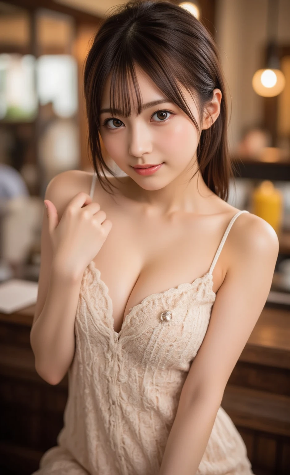 (Highest quality, masterpiece, Ultra-high resolution, 8K, RAW Photos, Realistic, Anatomically correct:1.5), (Stainless steel round bar fence:1.0, Put your elbow on the fence:1.2, 20-year-old、 Embarrassing, avert your eyes, blush:1.0, View Viewer, ((bar)) 、Night view、 Light:1.2, Bokeh, Cinema Lighting:1.0, Depth of written boundary, sharp、 Cute face、Idol、Black short sleeve lace top、Black pleated skirt、Black clothing、”dwarf”、(Floral clothes)、Full Body Shot、Cowboy Shot、(( smile))、(Ultra short hair)、(Short Cut)、(Bangs)、((See-through))、(( One Girl))