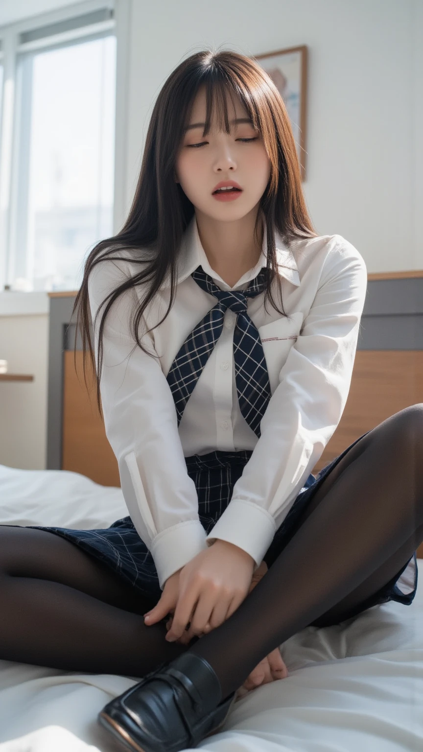 ​masterpiece, hi-school girl、Blue Eye、light brown hair、（School Uniforms:1.5）、（teats:1.5）、Colossal breasts are coming out、Huge  ass、Navy Socks、T Buckshot,Wear upper shoes、Sit down and open your crotch、（Bright school classroom:1.5）the viewer, Reality, full body Esbian, radical, High, （Spread the pubic area with your fingers:1.5）RAWExtremely detailed, , rolling her eyes, red blush, water running in mouth, Sticky tongue,  Very gigantic-breasts,  excitement,  Expressions, shinny skin。