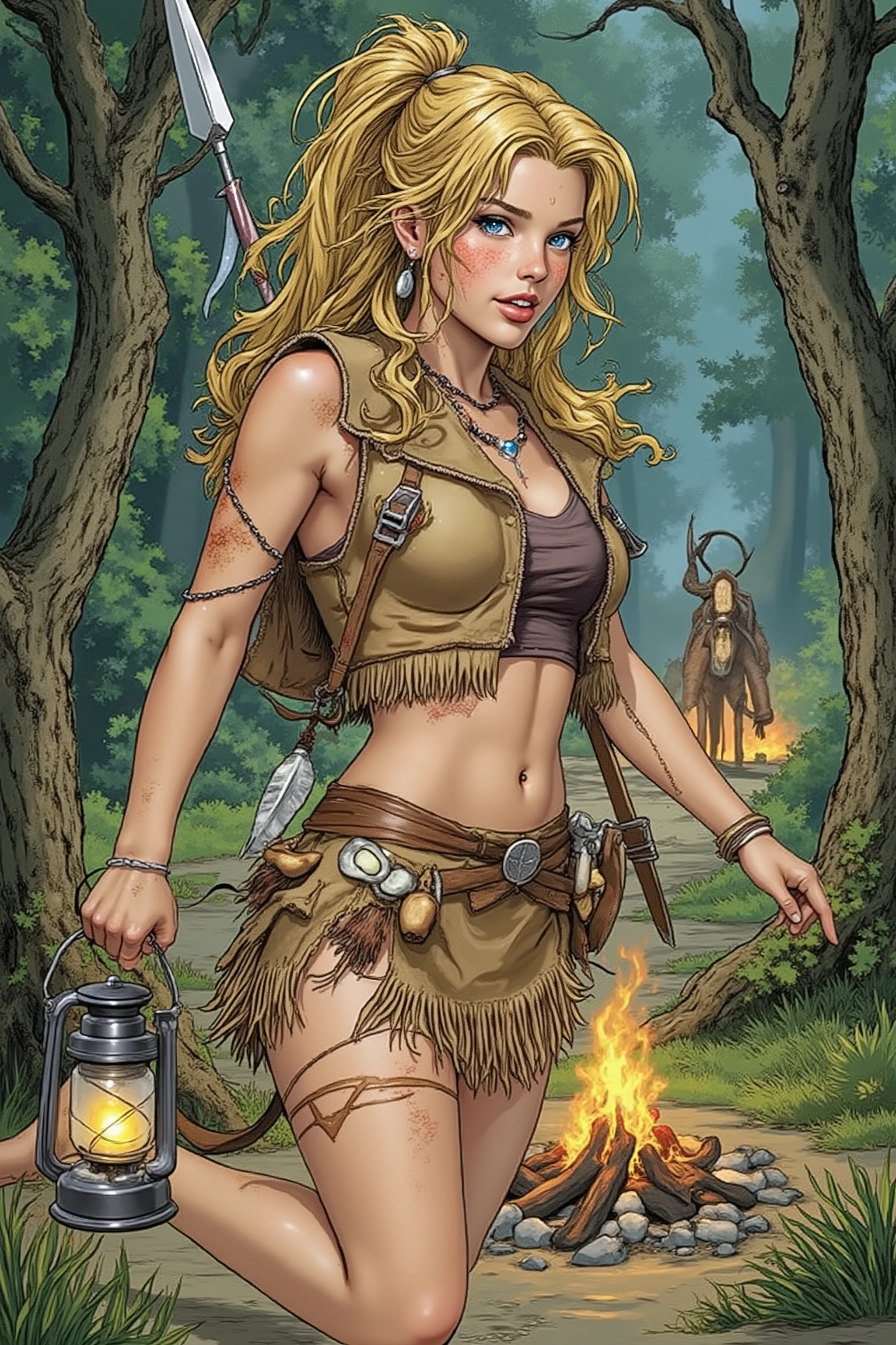 Teen,Teen Girl,itacomic1 illustration,Daria,C4STL3V4NI4,Girl,
💋 : Kaelia – Die Wilde Blume
🌟 : Comicstyle, 4K, Don Lawrence Style, inspiriert von Comics der 80er und Amazonengeschichten, hochdetailliert, klare Linien, lebendige Farben, verschiedene Perspektiven: seitenansicht,
Lichtverhältnisse: sonnenaufgang
🌌 : Dichter Wald mit flackerndem Lagerfeuer, frische Luft mit Duft von Erde und Kräutern,
Hintergründ: jagdtscene,
Tageszeiten: morgens,
😈 : Junge Frau mit sommersprossigem, gebräuntem Gesicht, hellblaue, wache Augen, wilde honigfarbene Mähne zu einem hohen Pferdeschwanz gebunden, einige Strähnen wehen im Wind, schlanke, sehnige Statur mit agiler Grazie, konsistente Gesichtszüge und Körperproportionen
🔥 : Kleidung: Hautenges Trägeroberteil aus gegerbtem Leder, ausgefranster knielanger Lederrock bis mid-thigh, barfuß mit narbenbedeckten Füßen, leichte primitive Wildlederweste mit Flusssteinen und Holzperlen, Schmuck aus Federn, Fischknochen, geflochtenen Gräsern und Eberzähnen, bemalt mit wilden Streifen aus farbiger Erde auf Armen und Gesicht
Details: Fokus auf Texturen (Leder, Narben, Schmuck), konsistente Hauttöne, Sommersprossen, Augenfarbe, Haarsträhnen
Pose: Kontrolle der Höfe
Beschreibung: Kaelia geht langsam durch einen Hof, Speer lässig über die Schulter gelegt, Laterne beleuchtet die Umgebung, Blick schweift über Tiere und Gebäude.
Gesichtsausdruck: Gelassenheit und Aufmerksamkeit (sanftes Lächeln, wache Augen, entspannte Haltung).