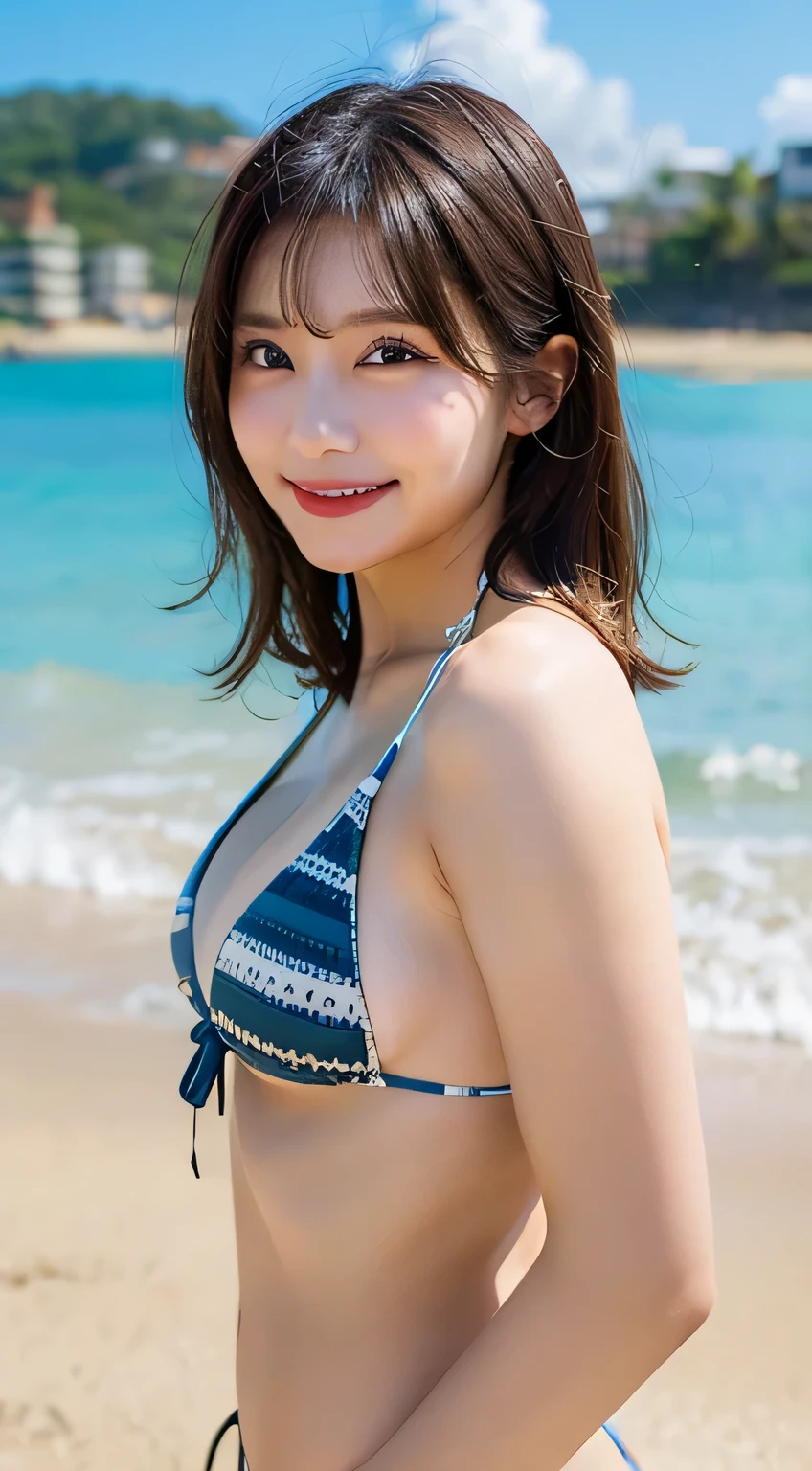 (highest quality,masterpiece:1.3,ultra high resolution),(Super detailed,caustics,8K),(realistic:1.4,RAW shooting),18-year-old,cute,Japanese,Short brown hair with outward curls,(Blue Gingham-print-bikini:1.4),(smile),look up at the camera、(I went to the beach to swim:1.4),blue sky,sun,Backlight,(coastline),(sunset、sunset:1.1),,(Photographed from the waist up),(face focus),(close up face),(High Situation:1.3),(high angle:1.3),Natural light 、Embarrassed smile、parted bangs、big breasts、With small earrings、、((G cup、big breasts))、Embarrassed smile、((Camera angle is diagonal:1.2))、Head tilt gesture、beautiful clavicle、(hair blowing in the wind:1.4)