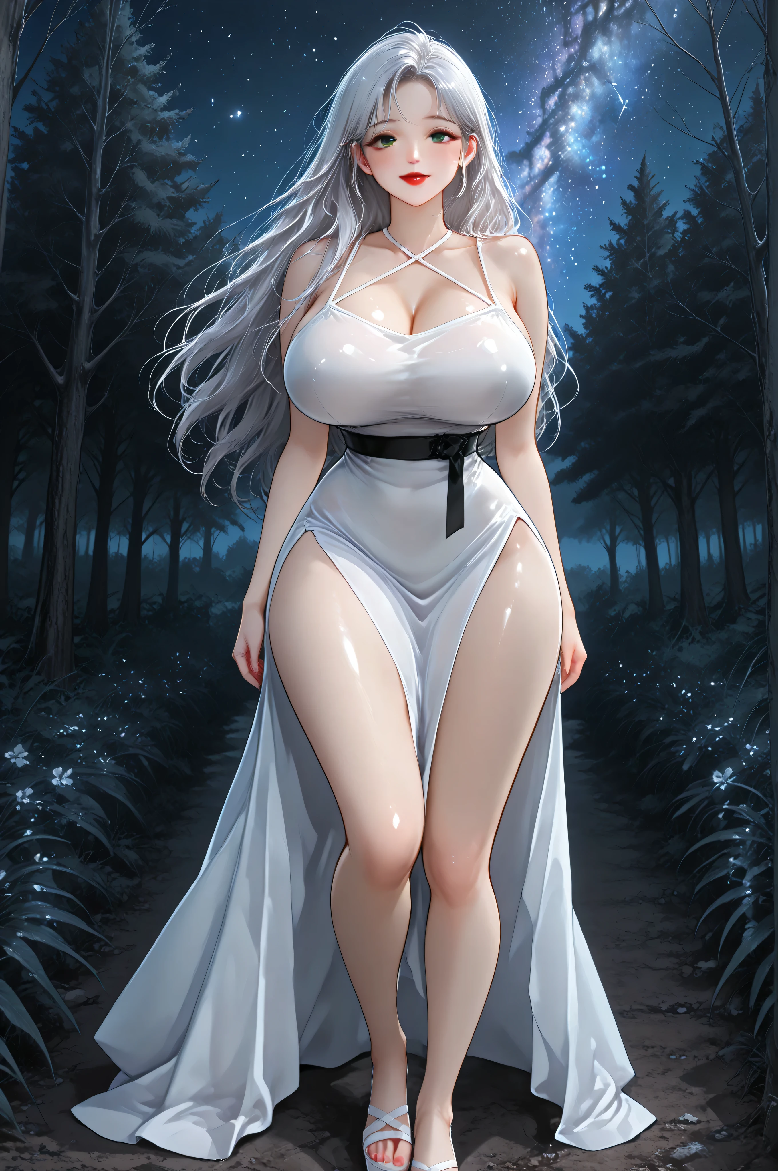 A girl, cha Hye Yeon. long hair, wavy brown . piel clara. Green Eyes. Red lipstick. Wear a white latex top, sleeveless, Crossed halter neckline. , narrow waist, wide hip. wide thighs and legs. black latex leggings. White high-heeled sandals with toe. Walking in the Dark Forest. starry sky, Milky Way. at night. Alone. front view. sensual pose. Dynamic. light and shy smile . anatomía perfecta. Photo RAW. maximum resolution.