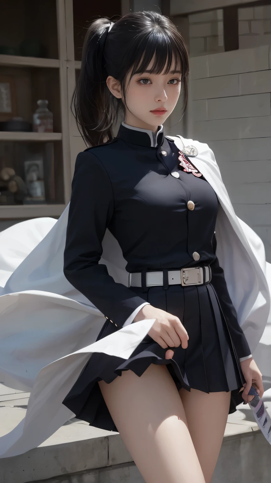 (Original photo, Highest Quality), (realistic, Photorealistic truth: 1.3), Highest Quality, very detailed, masterpiece, super detailed, figure, one girl, Kanao Tsuyuri, ((Buns pats,side ponytail)),(( Demon Slayer Uniform:1.4)), butterfly headdress,( white belt), ( White cape),, (black jacket), (pleated skirt), belt, (black skirt), knees, buckle, belt buckle, depth_body, dynamic angle, World Mastery Theatre, Long flowing hair, Fluorescent Center, Highest Quality, very detailedなCG統合8K壁紙, ink, wonderful, Cinema Lighting, lens_flare, wuxia_style,(((Straight Bang:1.4))),(straight bangs:1.4), natural makeup,ready for battle, giant tit，Mr.々pose,wide field of view,lift up skirt、Seductively Posing、Show Panties
