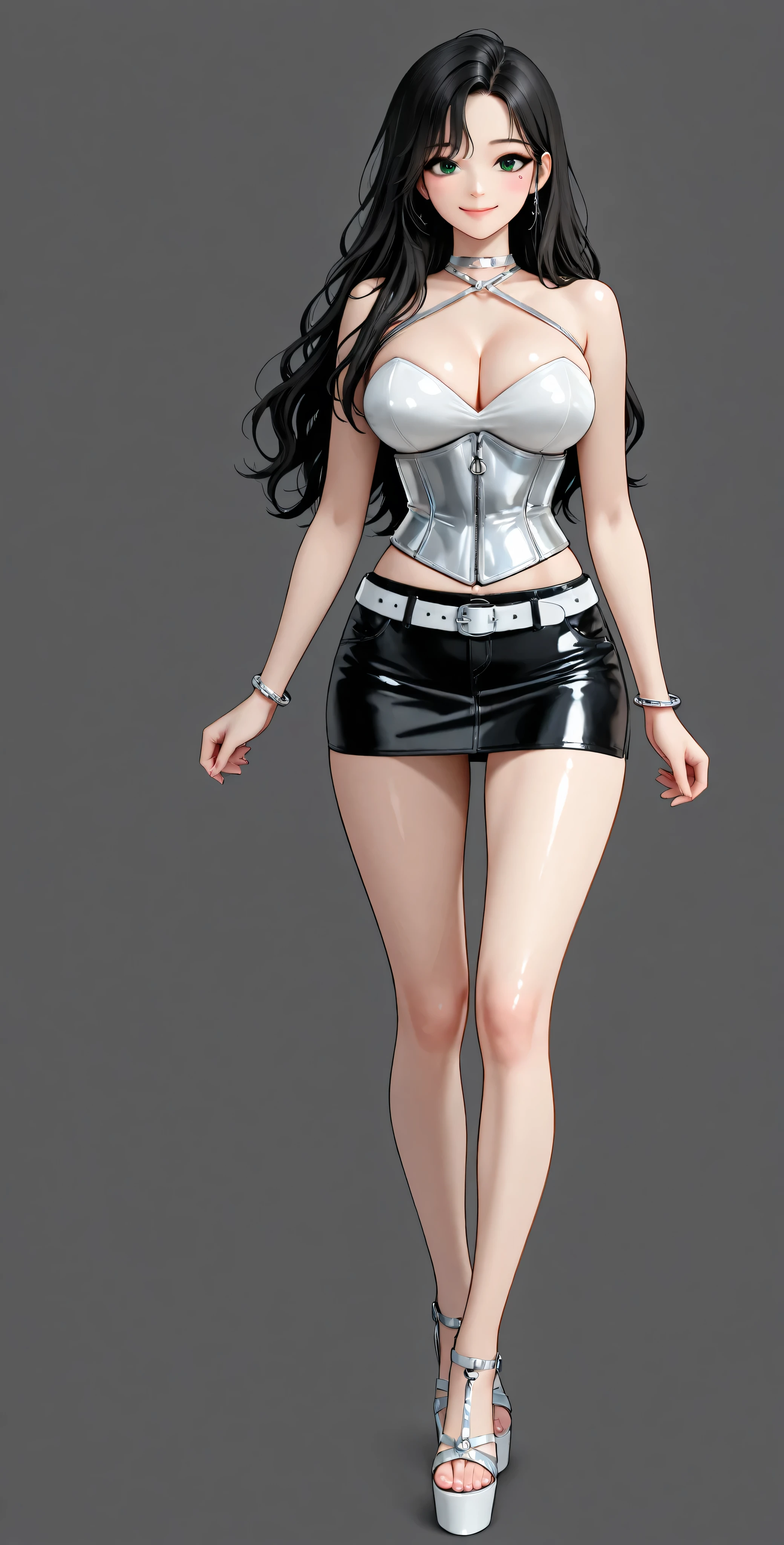 High Definition, 4k, Of course. A girl, cha Hye Yeon, mischievous posture . smile. Alone. (gray background). Metallic shiny white latex corset. black denim miniskirt. white belt, silver bracelets , black high heel platform sandals, FULL BODY, smile (hyperdetailed face), black-haired, long and wavy, very well detailed green eyes, beautiful pink stickers. Photo RAW. 16K. masterpiece. Higher quality. anatomía perfecta. manos perfectas.