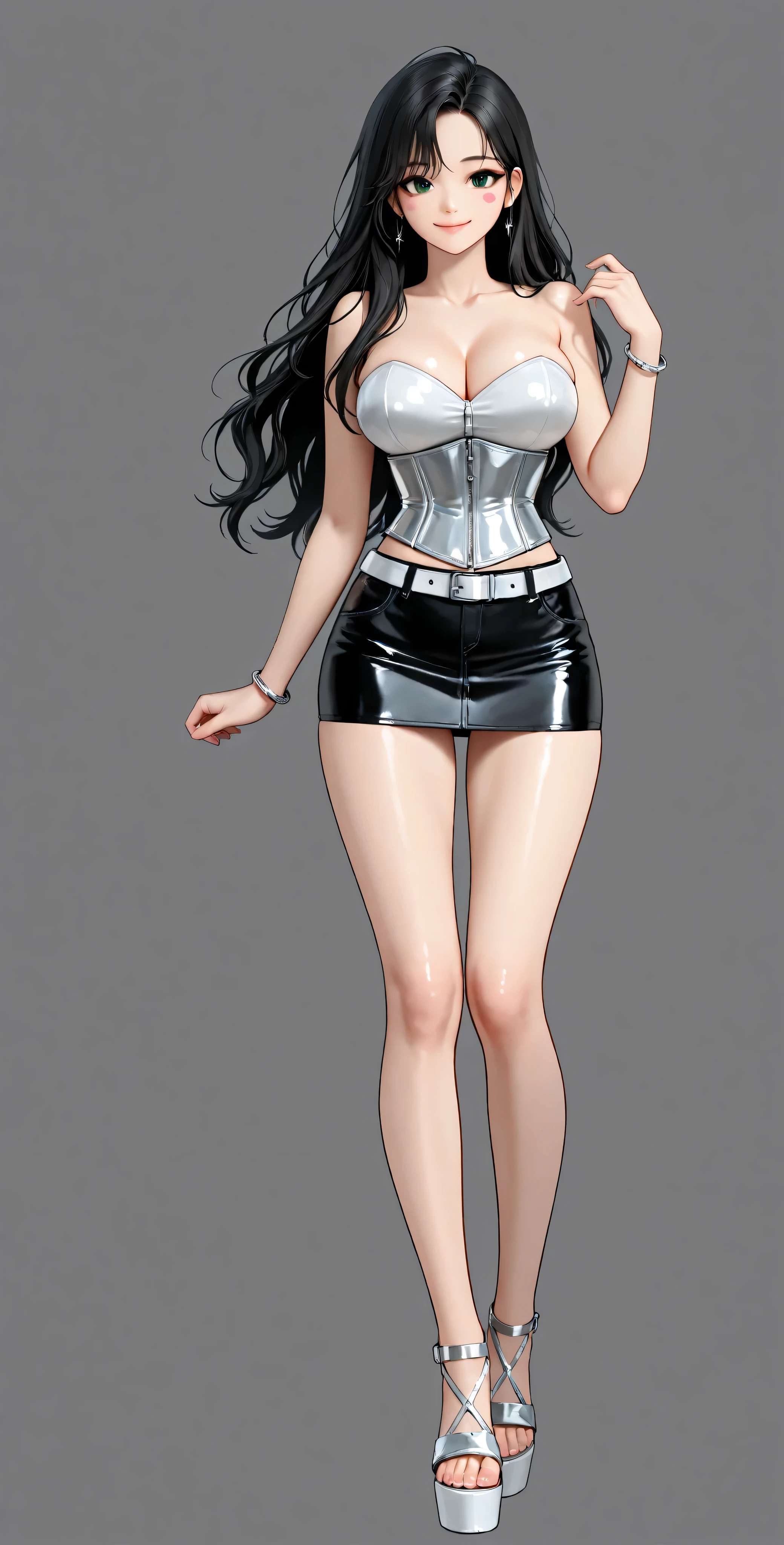 High Definition, 4k, Of course. A girl, cha Hye Yeon, mischievous posture . smile. Alone. (gray background). Metallic shiny white latex corset. black denim miniskirt. white belt, silver bracelets , black high heel platform sandals, FULL BODY, smile (hyperdetailed face), black-haired, long and wavy, very well detailed green eyes, beautiful pink stickers. Photo RAW. 16K. masterpiece. Higher quality. anatomía perfecta. manos perfectas.