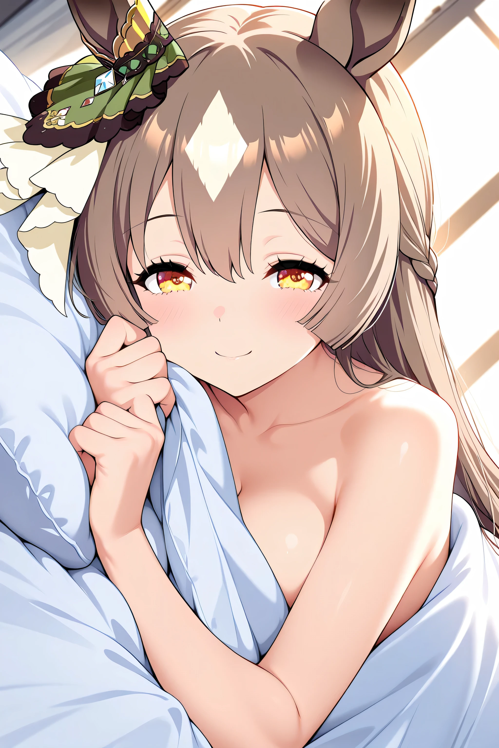 Satono diamond, uma musume, horse ears, lay side on bed, looking at viewer, naked, white bed, soft smile, squint eyes, morning, mouth closed, face, grinning, blanket covered lower body, pov