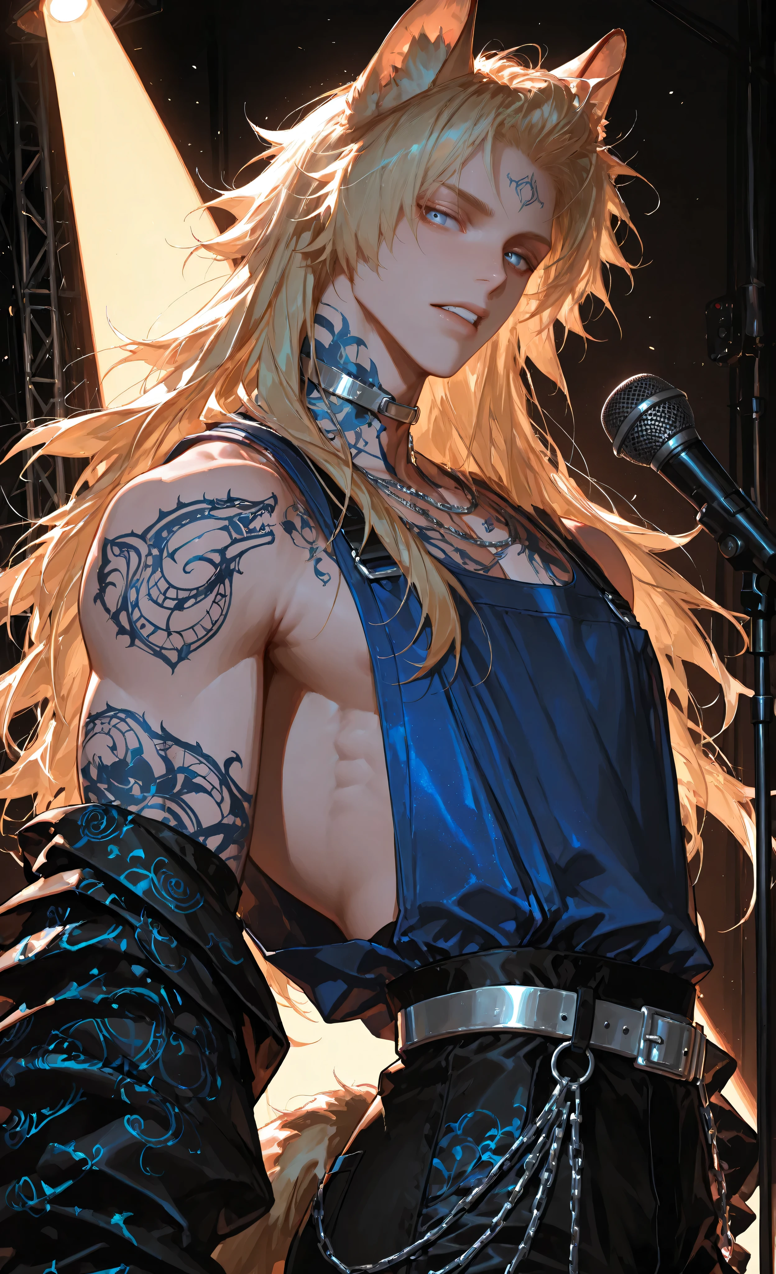 (kemonomimi_mode, animal_ears, no_human_ears, only_animal_ears,moody lighting, dramatic shadows, bloom lighting, colored shadows,masterpiece: 1.3, 8k: 1.3, Highest quality: 1.3, detail: 1.3, high resolution: 1.3, digital painting, super detail, 1male, A manly face, rough facial features, Side view toned physique, Dynamic pose, hip-high frame) A dynamic illustration of a young, fair-skinned male singer performing on stage. Masculine facial features. He has flowing, golden-blonde hair, styled to fall across his forehead, reflecting stage lights. His expression is intense, Looks directly at the viewer, mouth open as if singing passionately into a microphone held in his right hand. His arms are covered in intricate tattoo sleeves (geometric patterns, musical notes. He's wearing a torn, sleeveless blue top revealing his bare shoulders and chest, and tight black pants with a silver buckle belt. Accessories include a choker, wristbands, and a chain. The lighting appears dramatic, casting strong shadows and highlights, with a bright, focused beam coming from above. The background is a deep blue, suggesting a darkened stage environment. The composition emphasizes the singer's energetic pose, leaning slightly into the microphone with his head tilted back. The overall style evokes a sense of musical performance and raw emotion, reminiscent of rock or pop art, with a painterly and expressive aesthetic. The effect of movement