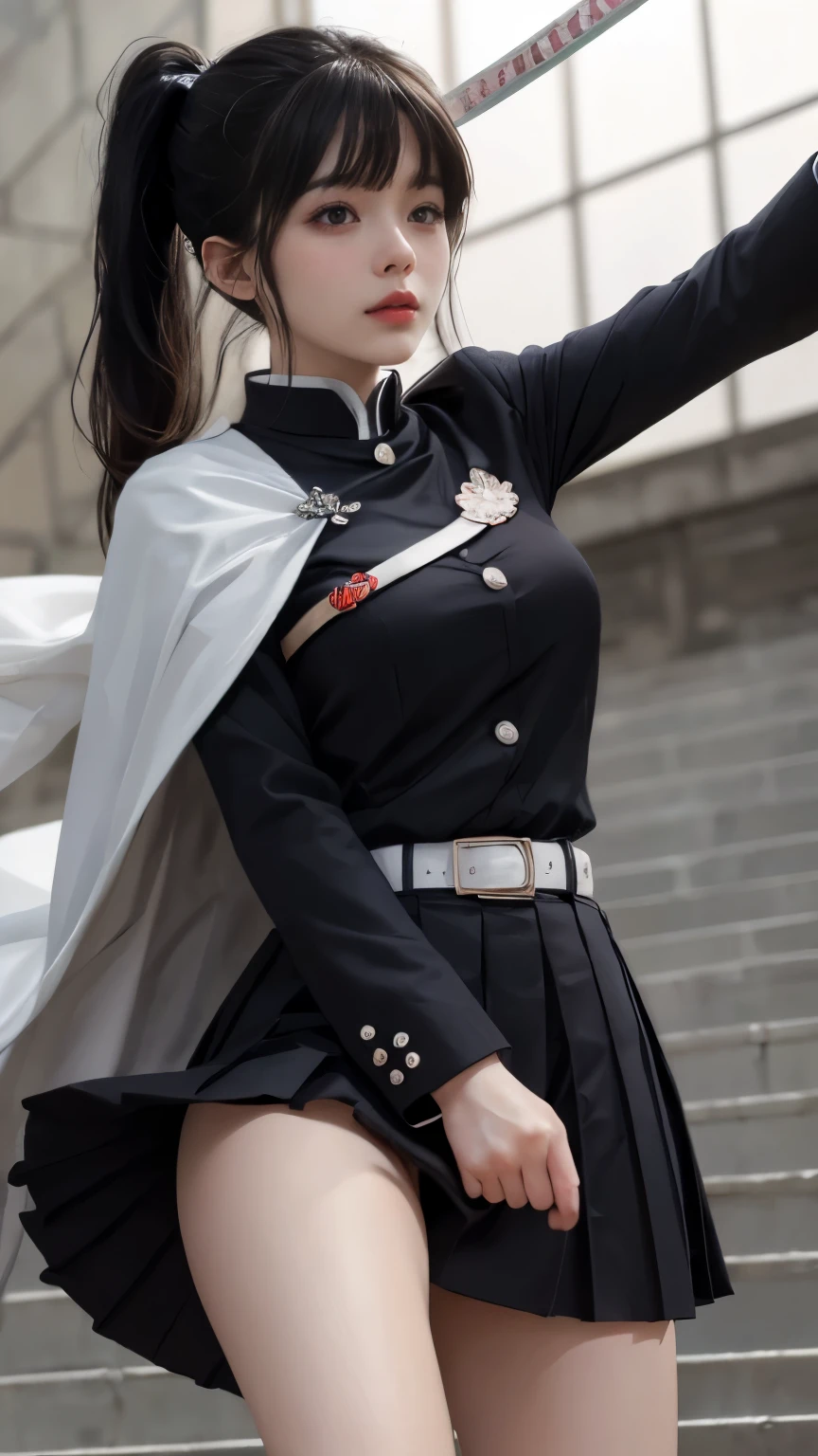 (Original photo, Highest Quality),worm’s-eye view、low angle shot、from below、looking down、 (realistic, Photorealistic truth: 1.3), Highest Quality, very detailed, masterpiece, super detailed, figure, one girl, Kanao Tsuyuri, ((Buns pats,side ponytail)),(( Demon Slayer Uniform:1.4)), butterfly headdress,( white belt), ( White cape),, (black jacket), (pleated skirt), belt, (black skirt), knees, buckle, belt buckle, depth_body, dynamic angle, World Mastery Theatre, Long flowing hair, Fluorescent Center, Highest Quality, very detailedなCG統合8K壁紙, ink, wonderful, Cinema Lighting, lens_flare, wuxia_style,(((Straight Bang:1.4))),(straight bangs:1.4), natural makeup,ready for battle, giant tit，Mr.々pose,wide field of view,lift up skirt、Seductively Posing、Show Panties