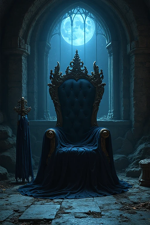 No , , the throne should stand in a dilapidated castle. there's a crown next to her and a sword with a cloak. the moon in the window is blue, and just on the floor there's a shadow of a person. also, the smallest sad fairy should sit on the back of the throne(just a glowing fairy figure)