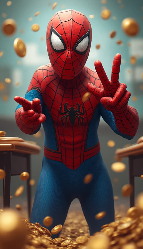 Spiderman is standing in a full-length red hat, looking at his hand containing the money, he is very pumped up and you can clearly see the Christmas tree in the background, he's standing in the house
