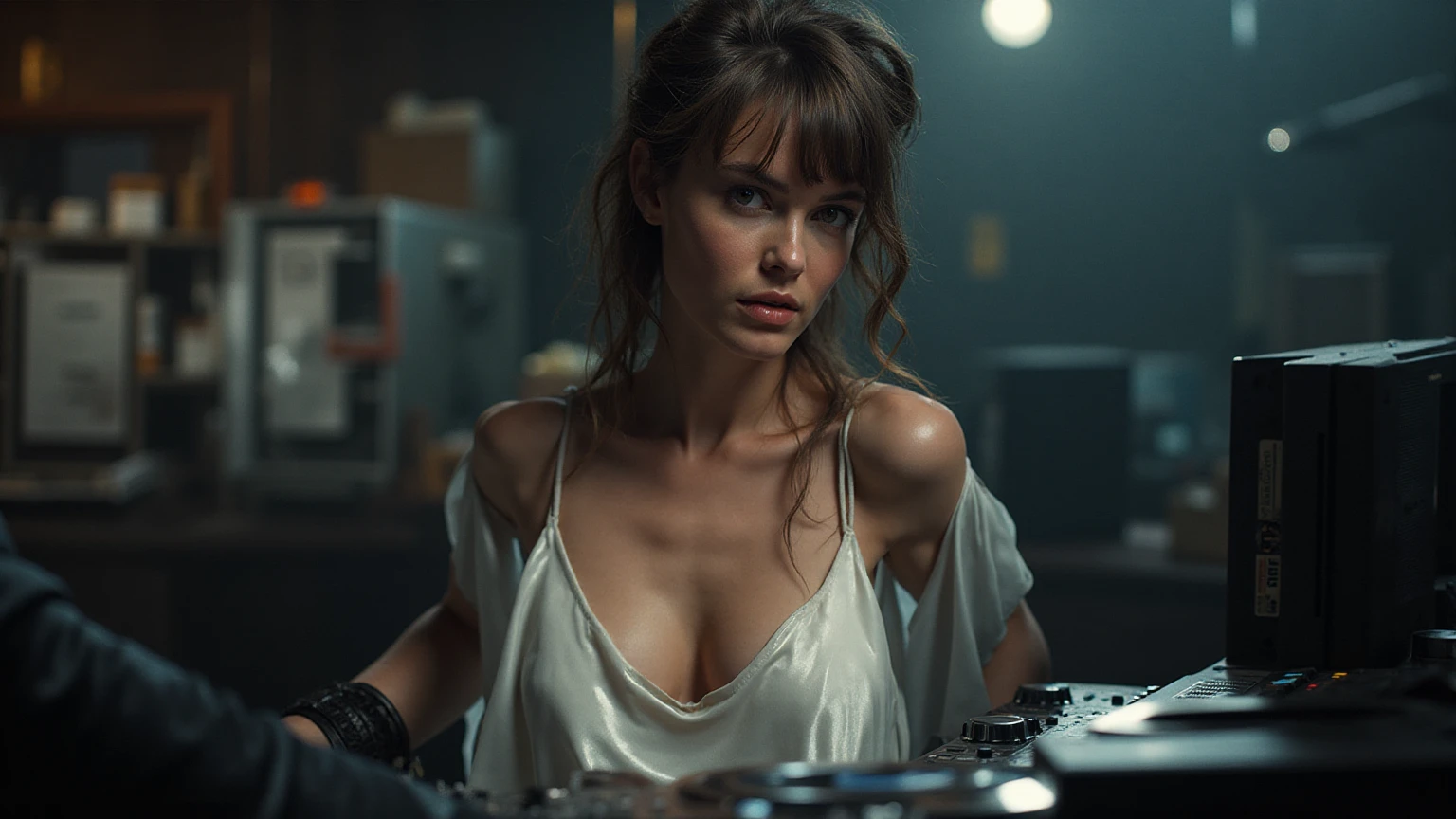 Develop a high-quality image through artificial intelligence, with advanced levels of detail and a cinematic style. The scene should depict a woman with long, curly hair, elegantly dressed and wearing headphones, set in an extremely realistic garage environment. Focus on the character's skin, highlighting its rough and beautiful texture, with full lips and an expression of joy and lightness. Aim for hyperrealism, with a seductive look, while she holds a video game controller. The image must convey a feeling of immersion and involvement, capturing the essence of the interaction between the character and the virtual environment with a visually impactful aesthetic.