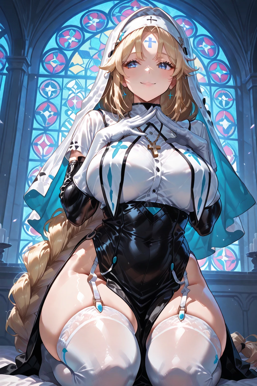 official art, masterpiece, sharp focus, (beautiful gorgeous cute woman:1.3), (beautiful cute:1.3) beauty, Delicate and beautiful hair and eyes and face, realistic, ultra detailed, beautiful girl, glow white particle, (sidelighting:1.2), slender, Lovely, (massive ????????????????:1.2), ((pink ???????)) ((underboob)), ((sideboob)), and very large ????, smile with teeth, ((smile with eyes, open both eyes)), ((spreading legs inside a church)), ?????????, ((visible ????????)), long straight blonde hair, ???? facial expression, dynamic hair, glow blue eyes, (wearing tiny micro undersized tight ((transparent:1.2)) insufficient ((barely covering white bride lingerie)), white long transparent socks, pale skin, hair ornament,