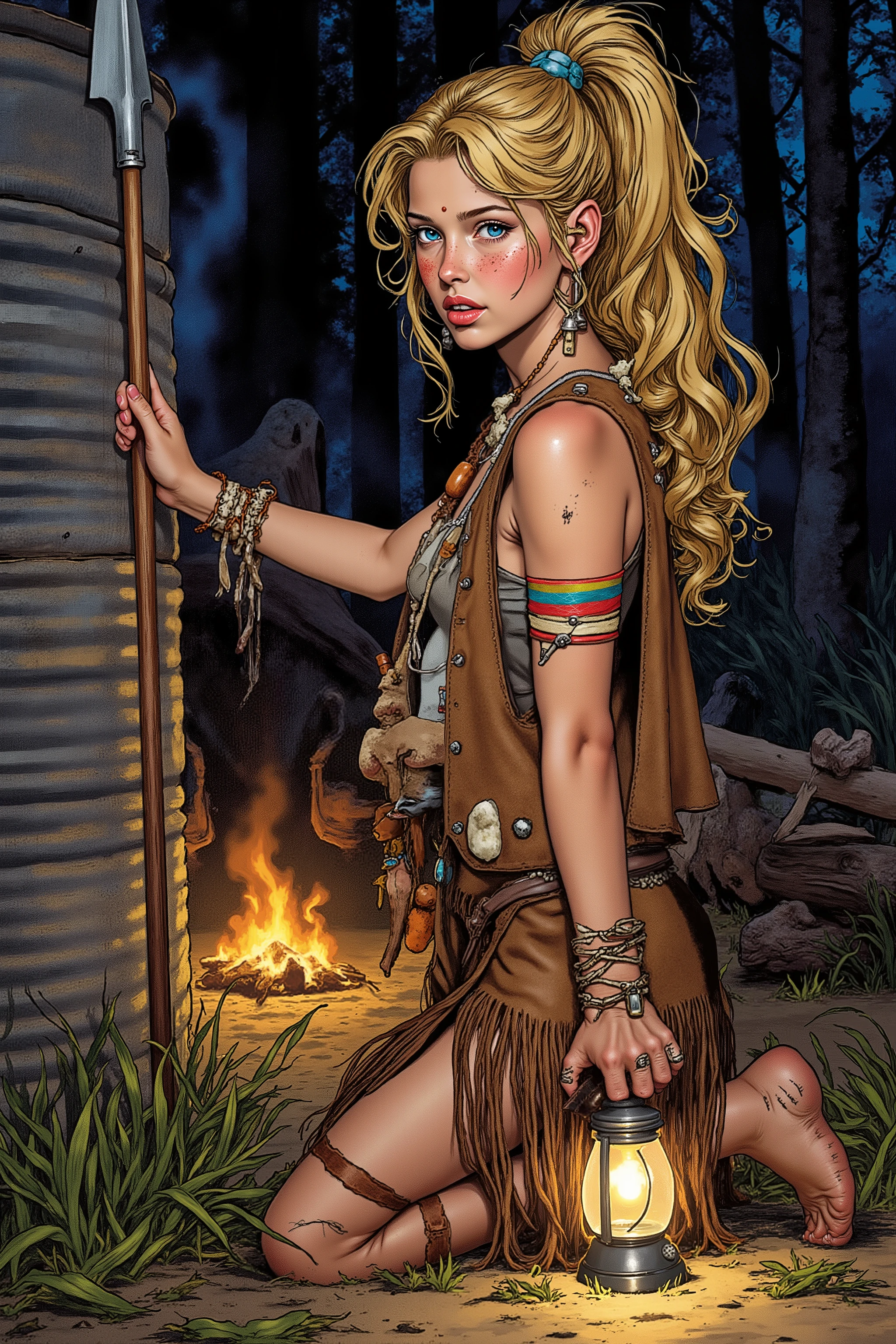 Teen,Teen Girl,itacomic1 illustration,Daria,C4STL3V4NI4,Girl,
💋 : Kaelia – Die Wilde Blume
🌟 : Comicstyle, 4K, Don Lawrence Style, inspiriert von Comics der 80er und Amazonengeschichten, hochdetailliert, klare Linien, lebendige Farben, verschiedene Perspektiven: seitenansicht,
Lichtverhältnisse: sonnenaufgang
🌌 : Dichter Wald mit flackerndem Lagerfeuer, frische Luft mit Duft von Erde und Kräutern,
Hintergründ: jagdtscene,
Tageszeiten: morgens,
😈 : Junge Frau mit sommersprossigem, gebräuntem Gesicht, hellblaue, wache Augen, wilde honigfarbene Mähne zu einem hohen Pferdeschwanz gebunden, einige Strähnen wehen im Wind, schlanke, sehnige Statur mit agiler Grazie, konsistente Gesichtszüge und Körperproportionen
🔥 : Kleidung: Hautenges Trägeroberteil aus gegerbtem Leder, ausgefranster knielanger Lederrock bis mid-thigh, barfuß mit narbenbedeckten Füßen, leichte primitive Wildlederweste mit Flusssteinen und Holzperlen, Schmuck aus Federn, Fischknochen, geflochtenen Gräsern und Eberzähnen, bemalt mit wilden Streifen aus farbiger Erde auf Armen und Gesicht
Details: Fokus auf Texturen (Leder, Narben, Schmuck), konsistente Hauttöne, Sommersprossen, Augenfarbe, Haarsträhnen
Pose: Wache am Kornspeicher
Beschreibung: Sie lehnt mit dem Rücken an einem Kornspeicher, Speer in der Hand, Laterne auf dem Boden, Kopf leicht zur Seite geneigt, lauscht in die Nacht.
Gesichtsausdruck: Konzentration und Stille (verengte Augen, neutrale Lippen, leicht zusammengezogene Stirn).