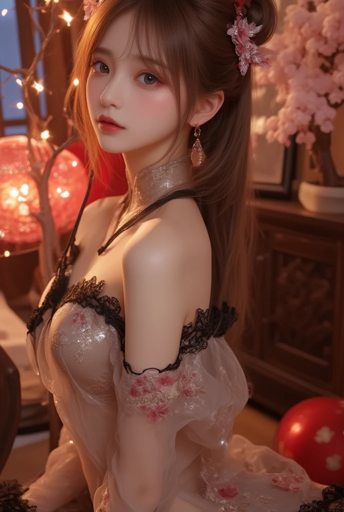 very cute, Blonde Hair, Big smile, One 20-year-old girl, 1. Goddess Athena, The beautiful, flawless face of the goddess Athena, delicate yellow nightgown, Lots of sexy black lace detailing、Long sheer sequined nightgown, A beautiful pale red silk half veil, Legends of female saints, Icons of female saints, Beautiful goddess-like glitter, Dark and mysterious version, Vermilion lips, Plump red lips, ((口をclose:0.9)), Complete teeth, Symmetrical incisors, Bright white teeth, ((Angry face:0.8)), delicate and beautiful pino detailing, delicate and beautiful lip detail, (Pure and perfect face: 1.9), Female Eucharist, Round Breasts, 大きくてRound Breasts, Phoenix Brooch, Long, flat bangs, Long black hair, Beautiful, clear face and well-proportioned eyes, (Pale pink eyes with  irises: 1.8), (Big round eyes and makeup, Sexy wet eye makeup, So beautiful、Careful hair and makeup, long and delicate blonde hair, delicate, Body image: 1.8), shape: Brilliant and, (The stars that make up the sky々: 1.7), (The Gate of Heaven and Imaginary Time and Space: 1.8), Imaginary art, RAW Photos, hanfu pictures, Best Photos, High resolution, 最high quality, Best Photos, Best Goddess Quality, 8k female, Super 8 Single Saint Portrait, The most true color scheme, masterpiece, Best Beauty Brands, Best Hair Jewelry, Brand real photo, Dark studio, Border Light, Two-tone lighting, (Rosy white skin: 1.4), (High skin detail: 1.1), 8k uhd, SLR, Soft Light, 8k, high quality, Frank, Smooth and sharp volume, 10x more pixels, Sexy Goddess, Sexy Goddess, (Background Space: 1.8), (The most beautiful aurora eye: 1.7), Beautiful Eyes, The aurora is beautiful and flower-like, (Beautiful single women: 1.8), (see here:0.8), close, Approaching the Goddess, Clear and unrealistic