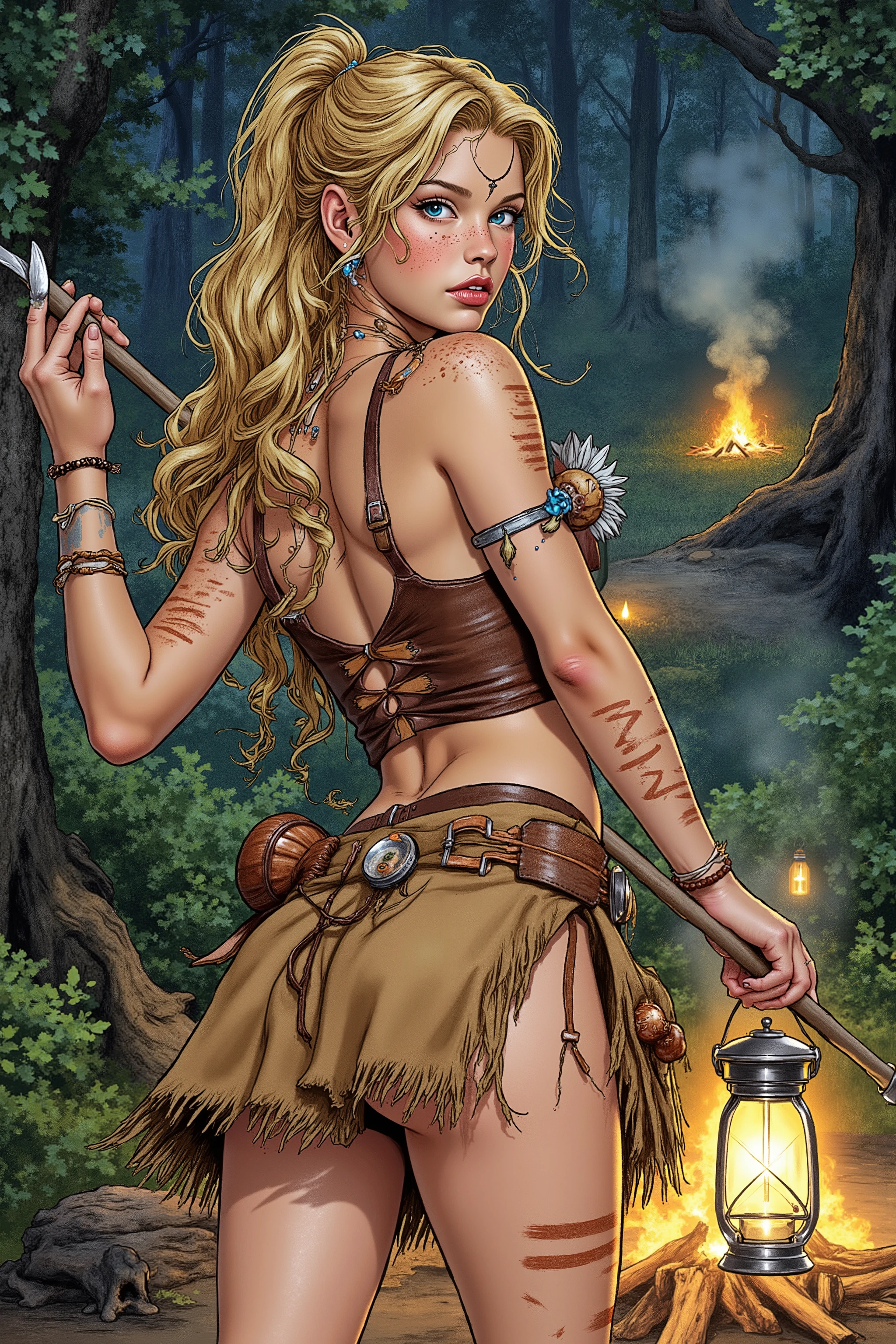 Teen,Teen Girl,itacomic1 illustration,Daria,C4STL3V4NI4,Girl,
💋 : Kaelia – Die Wilde Blume
🌟 : Comicstyle, 4K, Don Lawrence Style, inspiriert von Comics der 80er und Amazonengeschichten, hochdetailliert, klare Linien, lebendige Farben, verschiedene Perspektiven: seitenansicht,
Lichtverhältnisse: sonnenaufgang
🌌 : Dichter Wald mit flackerndem Lagerfeuer, frische Luft mit Duft von Erde und Kräutern,
Hintergründ: jagdtscene,
Tageszeiten: morgens,
😈 : Junge Frau mit sommersprossigem, gebräuntem Gesicht, hellblaue, wache Augen, wilde honigfarbene Mähne zu einem hohen Pferdeschwanz gebunden, einige Strähnen wehen im Wind, schlanke, sehnige Statur mit agiler Grazie, konsistente Gesichtszüge und Körperproportionen
🔥 : Kleidung: Hautenges Trägeroberteil aus gegerbtem Leder, ausgefranster knielanger Lederrock bis mid-thigh, barfuß mit narbenbedeckten Füßen, leichte primitive Wildlederweste mit Flusssteinen und Holzperlen, Schmuck aus Federn, Fischknochen, geflochtenen Gräsern und Eberzähnen, bemalt mit wilden Streifen aus farbiger Erde auf Armen und Gesicht
Details: Fokus auf Texturen (Leder, Narben, Schmuck), konsistente Hauttöne, Sommersprossen, Augenfarbe, Haarsträhnen
Pose: Patrouille an der Grenze
Beschreibung: Kaelia steht an der äußersten Grenze, Speer in Angriffsposition, Laterne hoch erhoben, dreht sich langsam, um die Umgebung zu scannen.
Gesichtsausdruck: Selbstbewusstsein und Bereitschaft (einseitiges Lächeln, Kinn erhoben, durchdringender Blick).