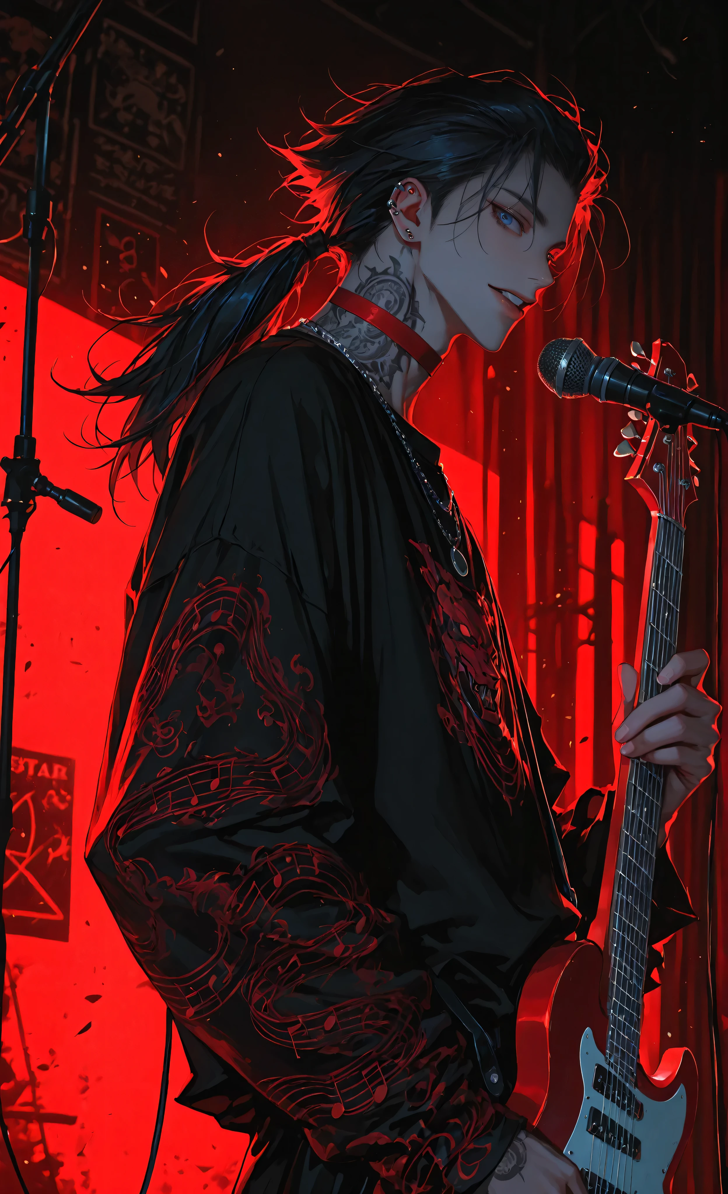(moody lighting, dramatic shadows, bloom lighting, colored shadows,masterpiece: 1.3, 8k: 1.3, Highest quality: 1.3, detail: 1.3, high resolution: 1.3, digital painting, super detail, 1male, boy, Side view, Dynamic pose with guitar in hand, hip-high frame) The dynamic illustration shows a male rock guitarist playing in the middle of a performance and completely focused on the instrument. He looks at the viewer, slightly turning his head towards him., has dark loose hair Colored strands of red pulled back in a ponytail, and piercing dark blue eyes. He is wearing a black T-shirt with a white letter "A" on the front, ripped black jeans and black shoes. His arms are covered in intricate tattoo sleeves (geometric patterns, musical notes). His expression is fierce, his mouth is slightly open in a snarl, a silver ring is visible in his lip, he sings into the microphone. In his hands he holds a bright red electric guitar in the shape of the letter "V". The spectacular look is complemented by a red choker necklace and a variety of silver chains. The stage is illuminated by the soft light of the stage spotlights. The microphone is mounted on a black stand. Spectacular lighting casts shadows and creates a sense of energy and movement. The style of performance in bright colors resembles anime, rock concert posters or manga. The composition is made in the form of a medium frame that fixes the upper part of the guitarist's body, the guitar and part of the stage. The background is blurry, with white abstract shapes. The general mood is energetic and rebellious.