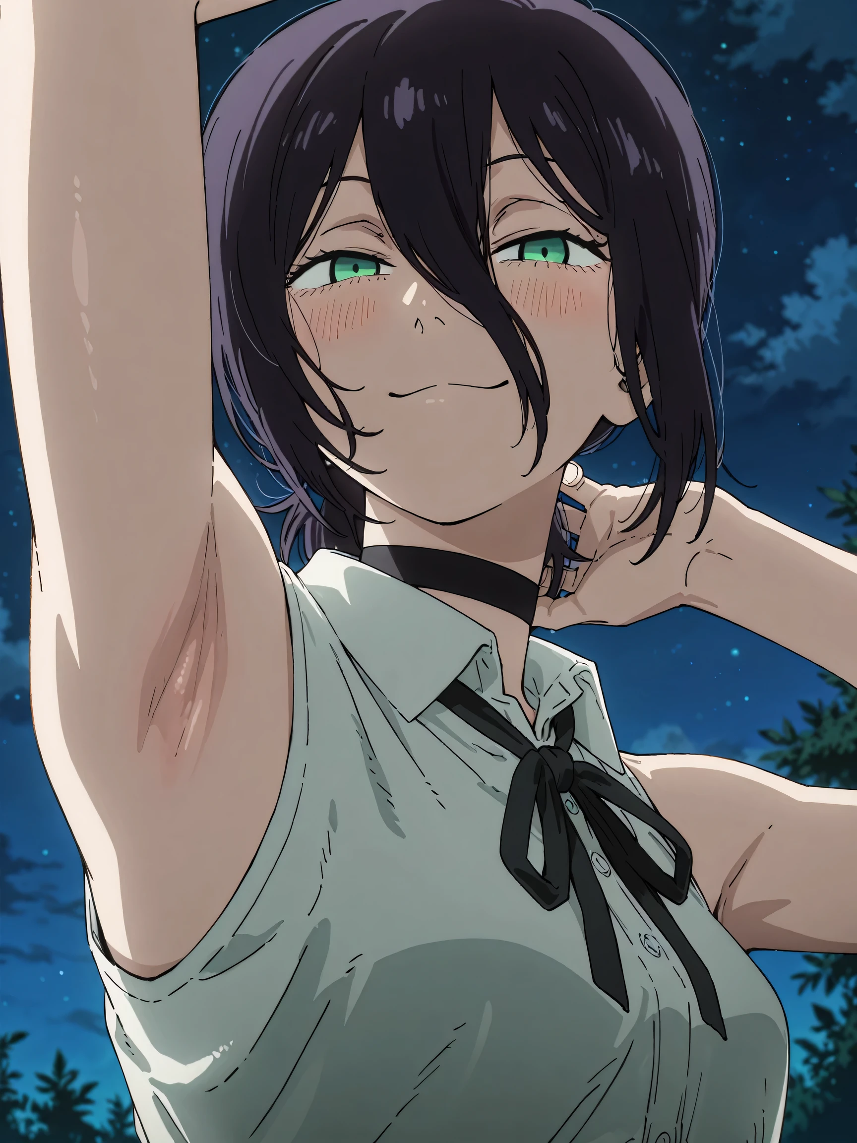 masterpiece, best quality, amazing quality, anime screencap, anime coloring, 1girl, solo, rezeanime, anime, chainsaw man, reze \(chainsaw man\), green eyes, medium hair, hair between eyes, single hair bun, choker, collared shirt, sleeveless shirt, neck ribbon, sleeveless shirt, bare shoulders, arm up, raised arm, armpit, armpit focus, head towards viewer, looking at viewer, smile, smug, half-closed eyes, blush, closed mouth, outdoors, night, from side, from below, armpit up close, close-up of armpit