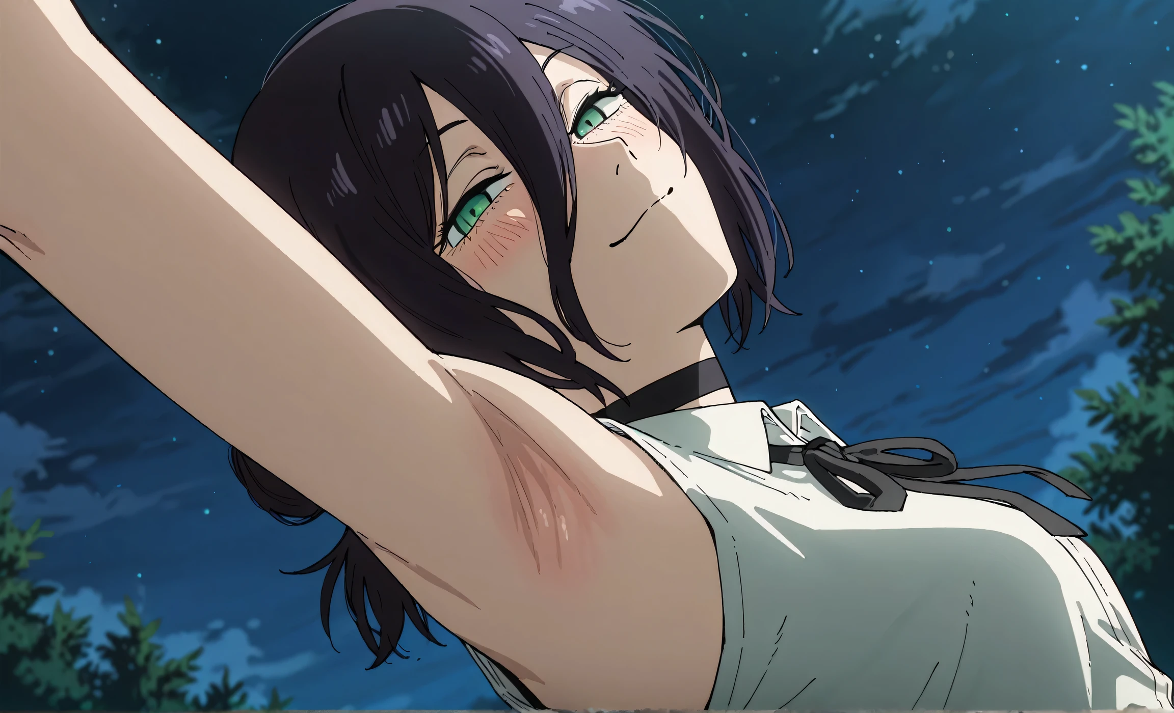 masterpiece, best quality, amazing quality, anime screencap, anime coloring, 1girl, solo, rezeanime, anime, chainsaw man, reze \(chainsaw man\), green eyes, medium hair, hair between eyes, single hair bun, choker, collared shirt, sleeveless shirt, neck ribbon, sleeveless shirt, bare shoulders, arm up, raised arm, armpit, armpit focus, head towards viewer, looking at viewer, smile, smug, half-closed eyes, blush, closed mouth, outdoors, night, from side, from below, armpit up close, close-up of armpit