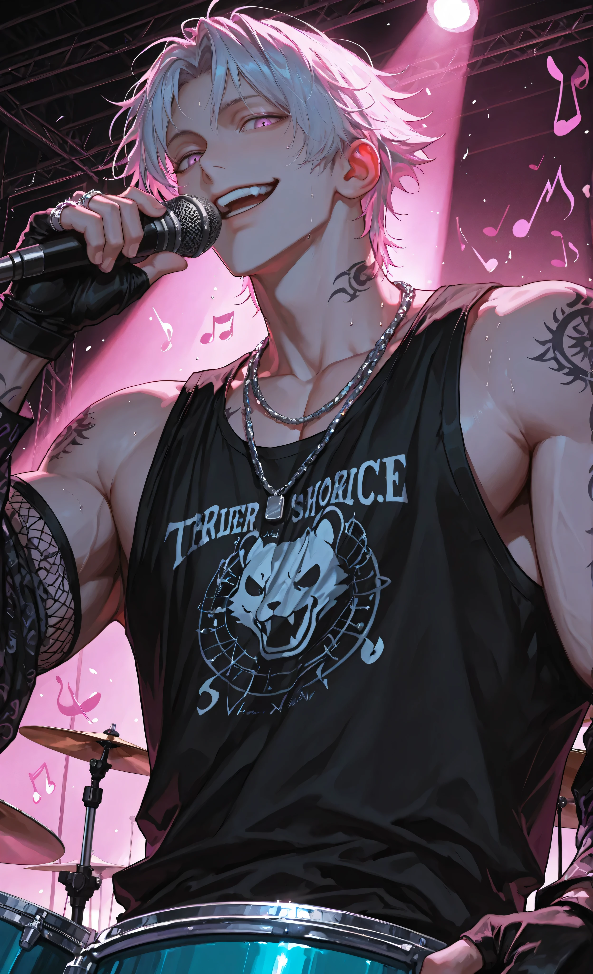 (moody lighting, dramatic shadows, bloom lighting, colored shadows, masterpiece: 1.3, 8k: 1.3, Highest quality: 1.3, detail: 1.3, high resolution: 1.3, digital painting, super detail), 1male, boy, 1male, solo, masculine, muscular, strong, pumped-up man, extreme dynamic action shot of a handsome male drummer in his late twenties in the climax of a live performance. He is screaming passionately into a microphone, positioned close to his mouth, while simultaneously drumming. Motion blur, flying sweat, wild tousled silver hair. He has a masculine face with a strong jawline, a confident, ecstatic expression with a fierce smirk. He wears a sleek black tank top, a silver chain necklace, black fingerless gloves, and multiple silver rings. His muscular arms are a blur of motion, covered in intricate tattoo sleeves (geometric patterns, musical notes). Drumsticks shattering a cymbal with explosive force, creating a visible shockwave. The deep blue drum set is vibrating. Low-angle view from below the drum kit, making the drummer look dominant and powerful. Dynamic stage lighting (vibrant pinks, blues, purples) creating dramatic light trails and colored shadows. Energetic, intense atmosphere, style of Given and Bocchi the Rock! (performance scenes), moody lighting, dramatic shadows, bloom lighting, vibrant color palette, cinematic.