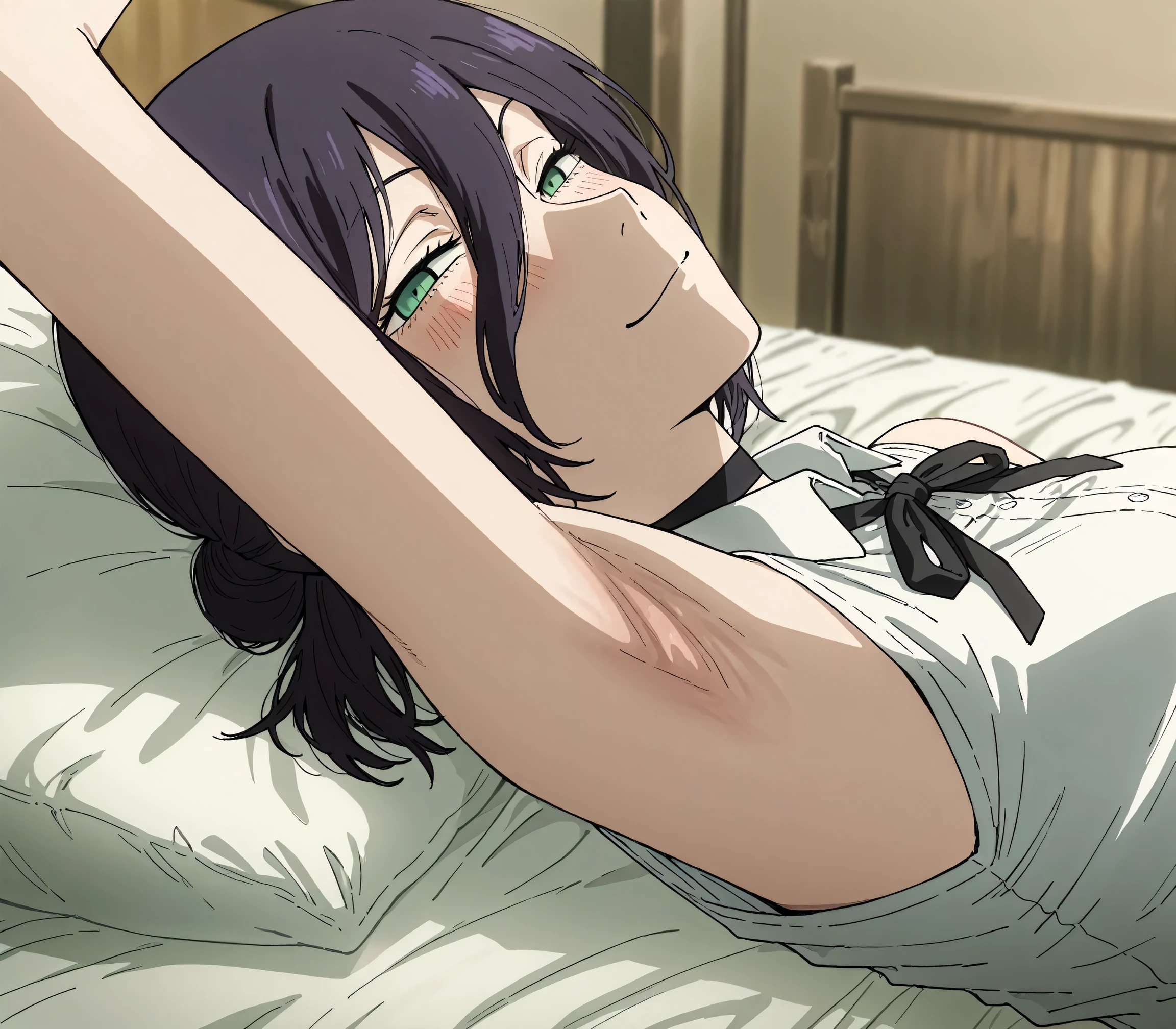 masterpiece, best quality, amazing quality, anime screencap, anime coloring, 1girl, solo, rezeanime, anime, chainsaw man, reze \(chainsaw man\), green eyes, medium hair, hair between eyes, single hair bun, choker, collared shirt, sleeveless shirt, neck ribbon, sleeveless shirt, bare shoulders, arm up, raised arm, armpit, armpit focus, head towards viewer, looking at viewer, smile, smug, half-closed eyes, blush, closed mouth, lying in bed, from side, sideview, armpit up close, close-up of armpit
