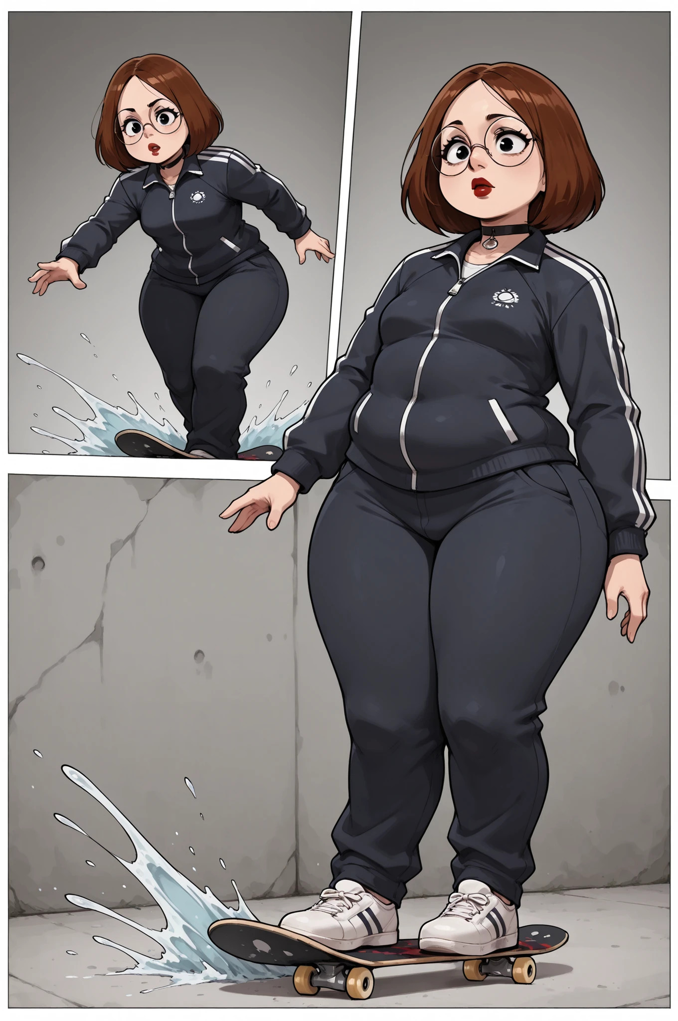 Meg Griffin. brown hair. medium hair . black eyes . small breasts, huge hips . chubby. choker. red lips. | A_style,Skateboarding action with splashing colors, extreme tricks, bold color splatters, concrete skatepark, comic - book - like shading, showcasing athleticism. tracksuit with three stripes. Olympic jacket, trousers, three stripes,solo, 1girl