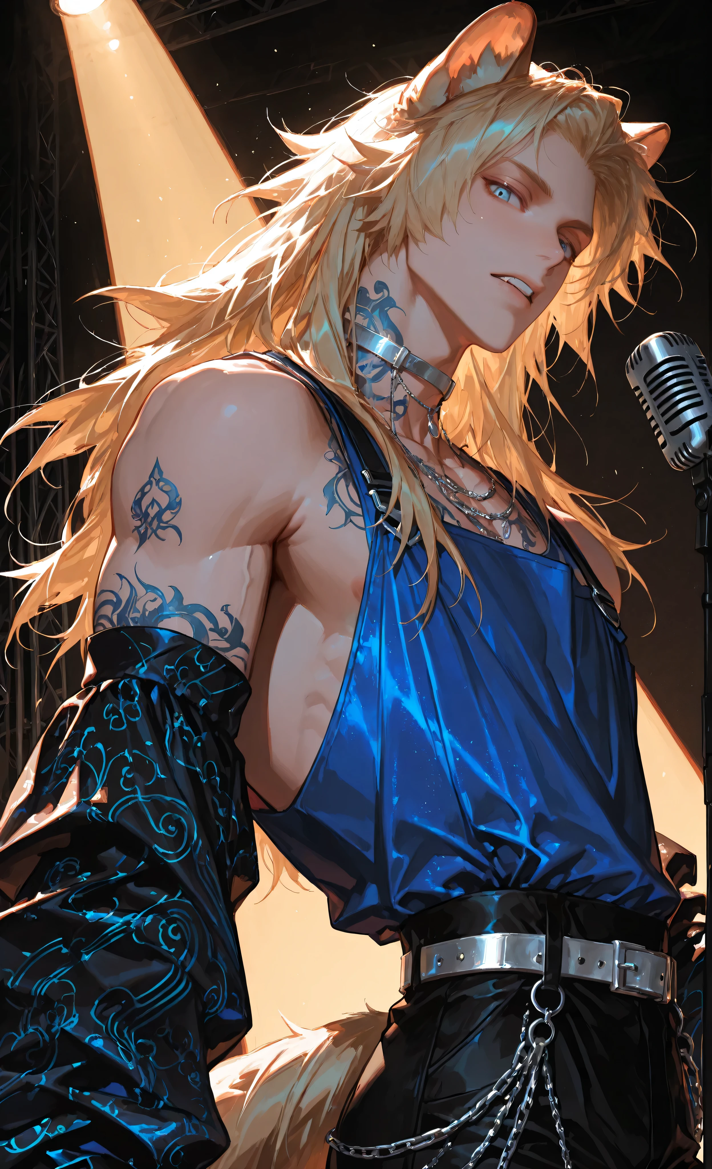 (kemonomimi_mode, animal_ears, no_human_ears, only_animal_ears,moody lighting, dramatic shadows, bloom lighting, colored shadows,masterpiece: 1.3, 8k: 1.3, Highest quality: 1.3, detail: 1.3, high resolution: 1.3, digital painting, super detail, 1male, A manly face, rough facial features, Side view toned physique, Dynamic pose, hip-high frame) A dynamic illustration of a young, fair-skinned male singer performing on stage. Masculine facial features. He has flowing, golden-blonde hair, styled to fall across his forehead, reflecting stage lights. His expression is intense, Looks directly at the viewer, mouth open as if singing passionately into a microphone held in his right hand. His arms are covered in intricate tattoo sleeves (geometric patterns, musical notes. He's wearing a torn, sleeveless blue top revealing his bare shoulders and chest, and tight black pants with a silver buckle belt. Accessories include a choker, wristbands, and a chain. The lighting appears dramatic, casting strong shadows and highlights, with a bright, focused beam coming from above. The background is a deep blue, suggesting a darkened stage environment. The composition emphasizes the singer's energetic pose, leaning slightly into the microphone with his head tilted back. The overall style evokes a sense of musical performance and raw emotion, reminiscent of rock or pop art, with a painterly and expressive aesthetic. The effect of movement