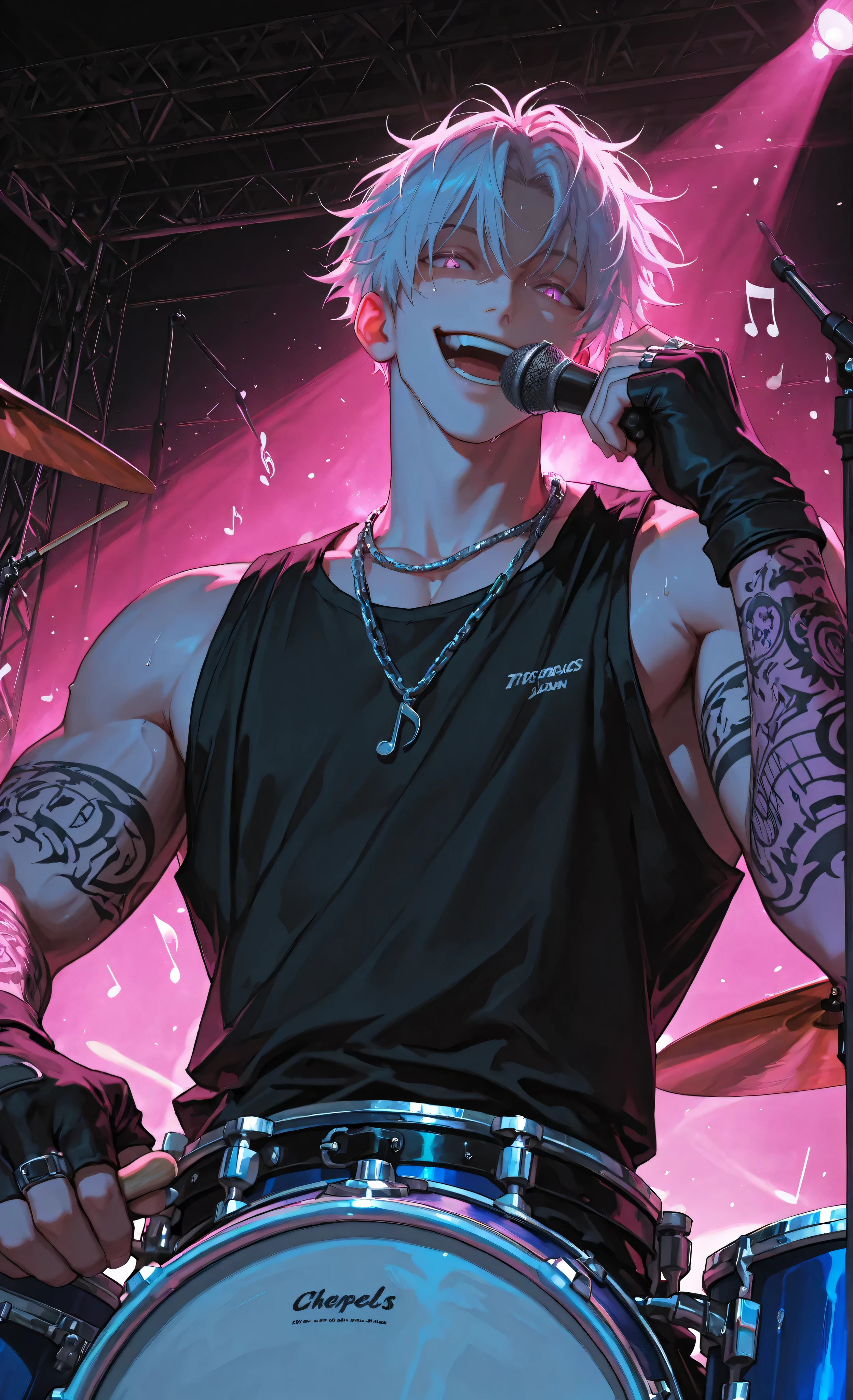 (moody lighting, dramatic shadows, bloom lighting, colored shadows, masterpiece: 1.3, 8k: 1.3, Highest quality: 1.3, detail: 1.3, high resolution: 1.3, digital painting, super detail), 1male, boy, 1male, solo, masculine, muscular, strong, pumped-up man, extreme dynamic action shot of a handsome male drummer in his late twenties in the climax of a live performance. He is screaming passionately into a microphone, positioned close to his mouth, while simultaneously drumming. Motion blur, flying sweat, wild tousled silver hair. He has a masculine face with a strong jawline, a confident, ecstatic expression with a fierce smirk. He wears a sleek black tank top, a silver chain necklace, black fingerless gloves, and multiple silver rings. His muscular arms are a blur of motion, covered in intricate tattoo sleeves (geometric patterns, musical notes). Drumsticks shattering a cymbal with explosive force, creating a visible shockwave. The deep blue drum set is vibrating. Low-angle view from below the drum kit, making the drummer look dominant and powerful. Dynamic stage lighting (vibrant pinks, blues, purples) creating dramatic light trails and colored shadows. Energetic, intense atmosphere, style of Given and Bocchi the Rock! (performance scenes), moody lighting, dramatic shadows, bloom lighting, vibrant color palette, cinematic.
