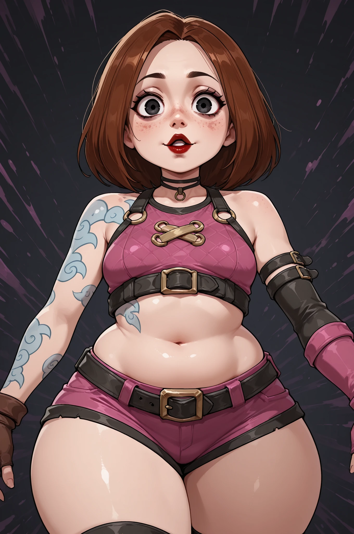 Meg Griffin. brown hair. medium hair . black eyes . small breasts, huge hips . chubby. choker. red lips. | shoulder tattoo, jinx (league of legends), clothing cutout, freckles, beautiful eyes, detailed face, looking at viewer, dynamic composition, yandere expression, dynamic pose, anime style, anime, pastel, no lineart, flat color, ink art,,