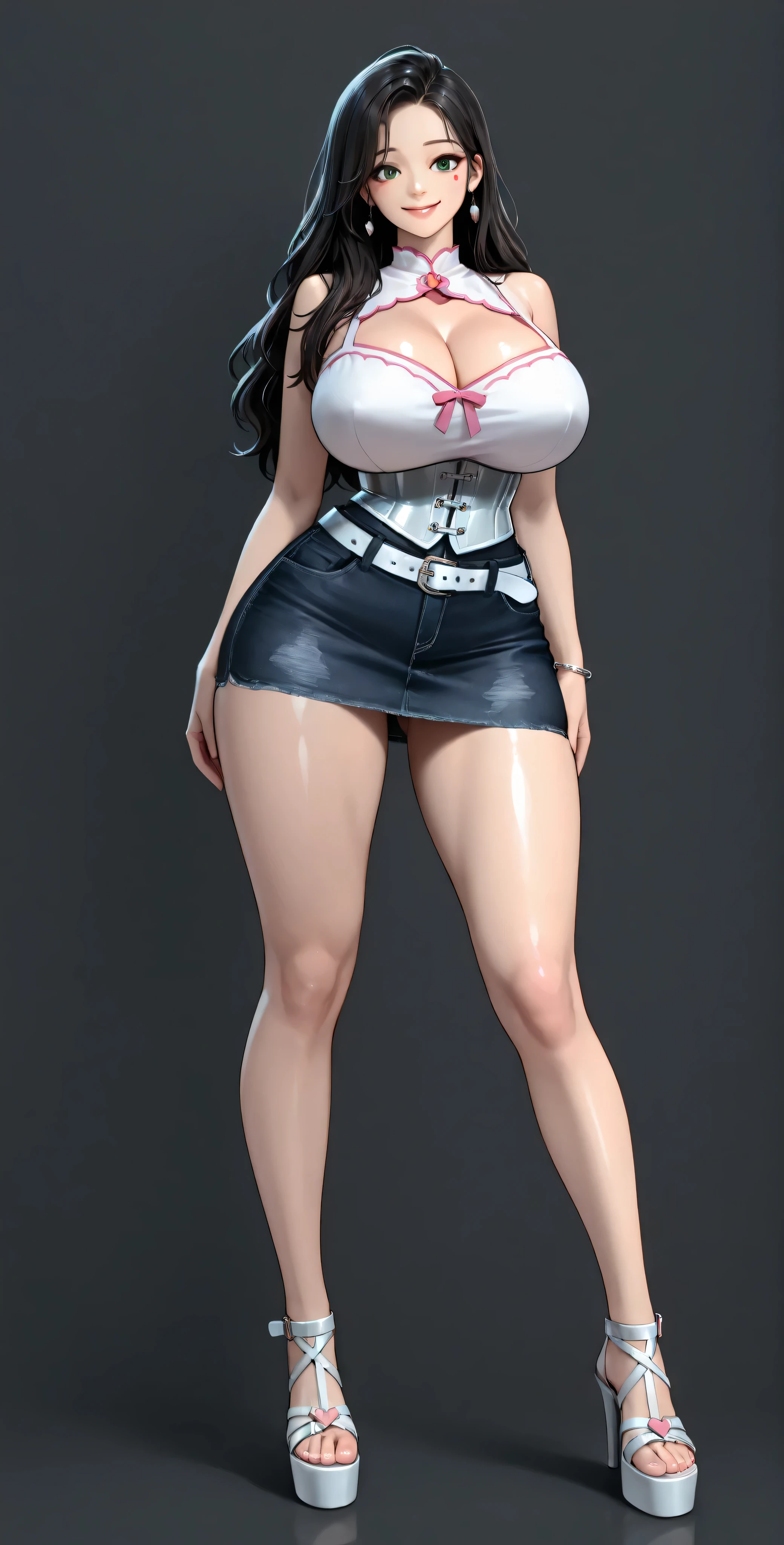 High Definition, 4k, Of course. a very nymphomaniac milf babe, cha Hye Yeon, mischievous posture . smile. Alone. (gray background). shiny white metallic corset, sleeveless, sweetheart neckline, shoulders uncovered, clavicles. very tight black denim transparent miniskirt. , wide , Beautiful big round . white belt, silver bracelets , high heel black platform sandals, FULL BODY, smile (hyperdetailed face), black-haired, long and wavy, very well detailed green eyes, beautiful pink stickers. Photo RAW. 16K. masterpiece. Higher quality. anatomía perfecta. manos perfectas. (((vista lateral, view below. FULL BODY.)))