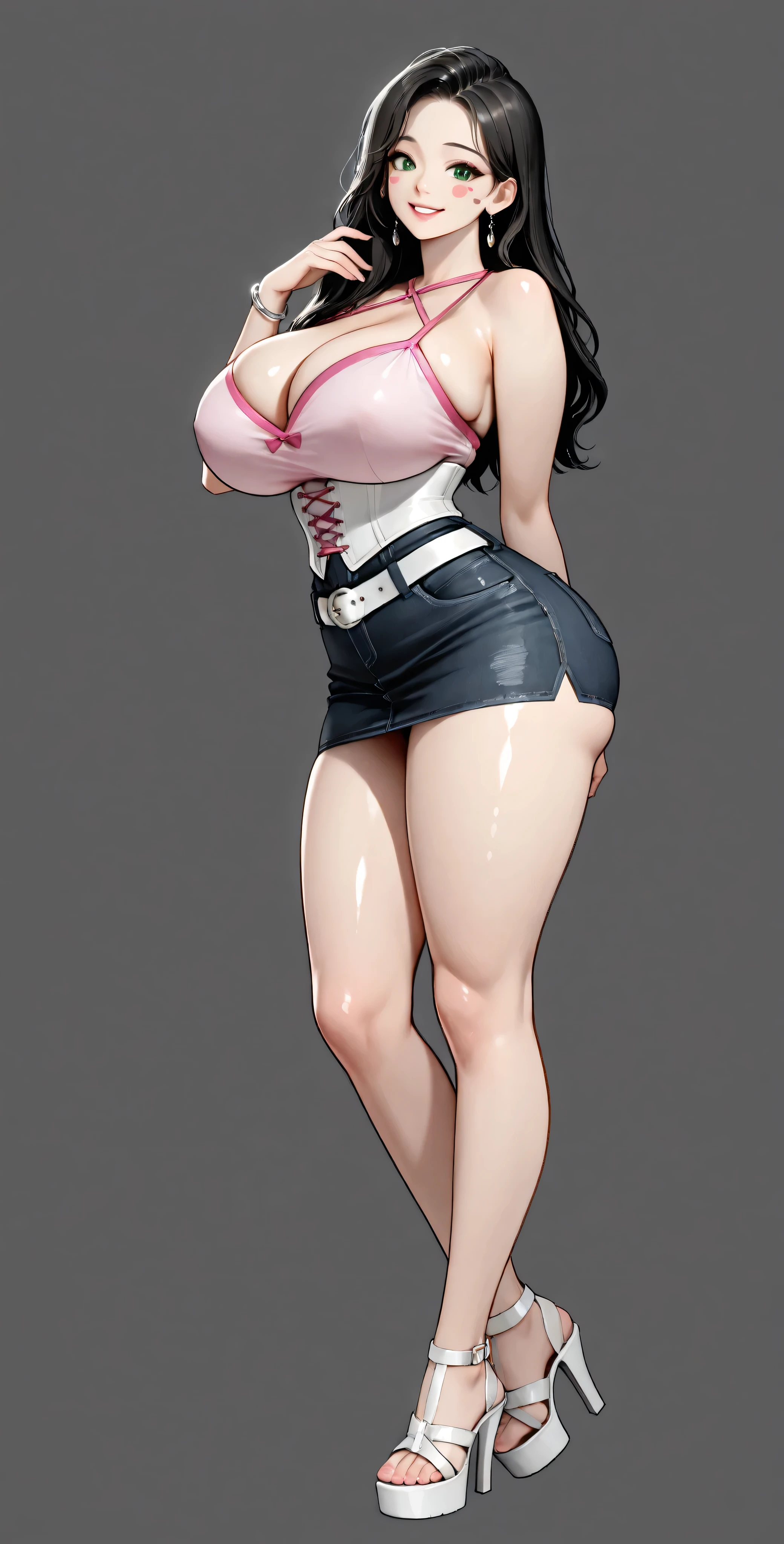 High Definition, 4k, Of course. a very nymphomaniac milf babe, cha Hye Yeon, mischievous posture . smile. Alone. (gray background). shiny white metallic corset, sleeveless, sweetheart neckline, shoulders uncovered, clavicles. very tight black denim transparent miniskirt. , wide , Beautiful big round . white belt, silver bracelets , high heel black platform sandals, FULL BODY, smile (hyperdetailed face), black-haired, long and wavy, very well detailed green eyes, beautiful pink stickers. Photo RAW. 16K. masterpiece. Higher quality. anatomía perfecta. manos perfectas.