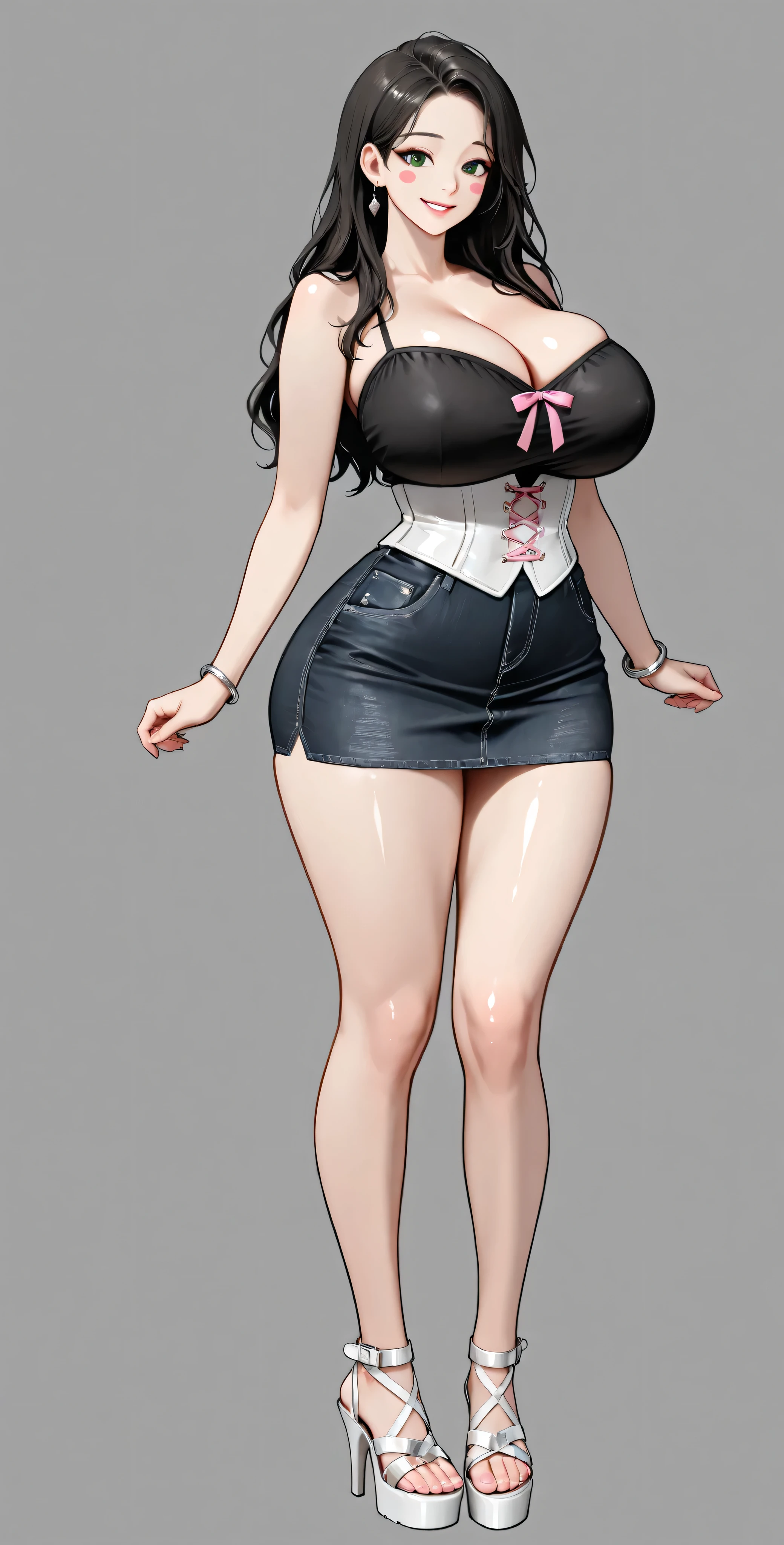 High Definition, 4k, Of course. a very nymphomaniac milf babe, cha Hye Yeon, mischievous posture . smile. Alone. (gray background). shiny white metallic corset, sleeveless, sweetheart neckline, shoulders uncovered, clavicles. very tight black denim transparent miniskirt. , wide , beautiful big round . white belt, silver bracelets , high heel black platform sandals, FULL BODY, smile (hyperdetailed face), black-haired, long and wavy, very well detailed green eyes, beautiful pink stickers. Photo RAW. 16K. masterpiece. Higher quality. anatomía perfecta. manos perfectas.