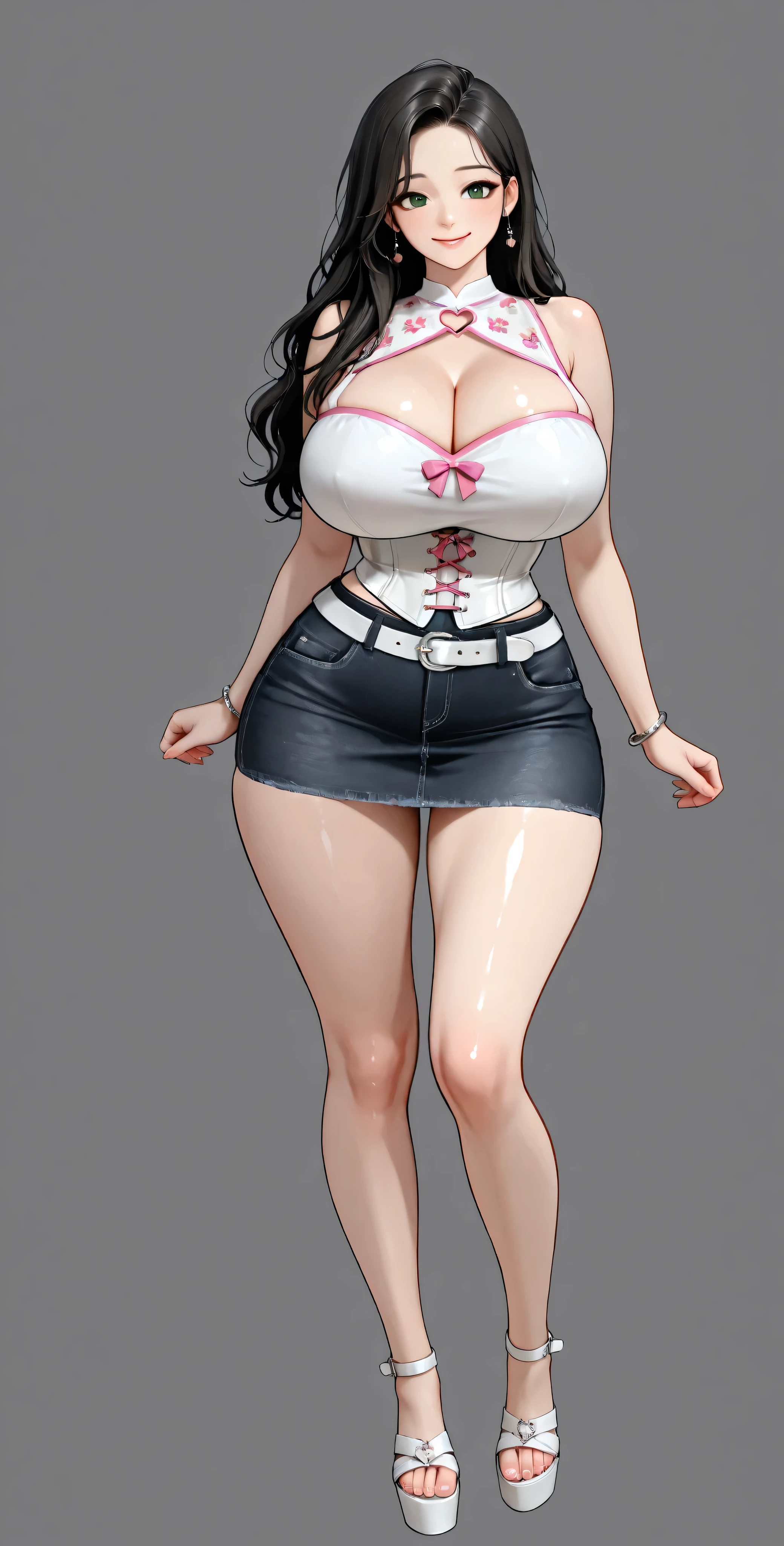 High Definition, 4k, Of course. a very nymphomaniac milf babe, cha Hye Yeon, mischievous posture . smile. Alone. (gray background). shiny white metallic corset, sleeveless, sweetheart neckline, shoulders uncovered, clavicles. very tight black denim transparent miniskirt. , wide , beautiful big round . white belt, silver bracelets , high heel black platform sandals, FULL BODY, smile (hyperdetailed face), black-haired, long and wavy, very well detailed green eyes. Photo RAW. 16K. masterpiece. Higher quality. anatomía perfecta. manos perfectas.
