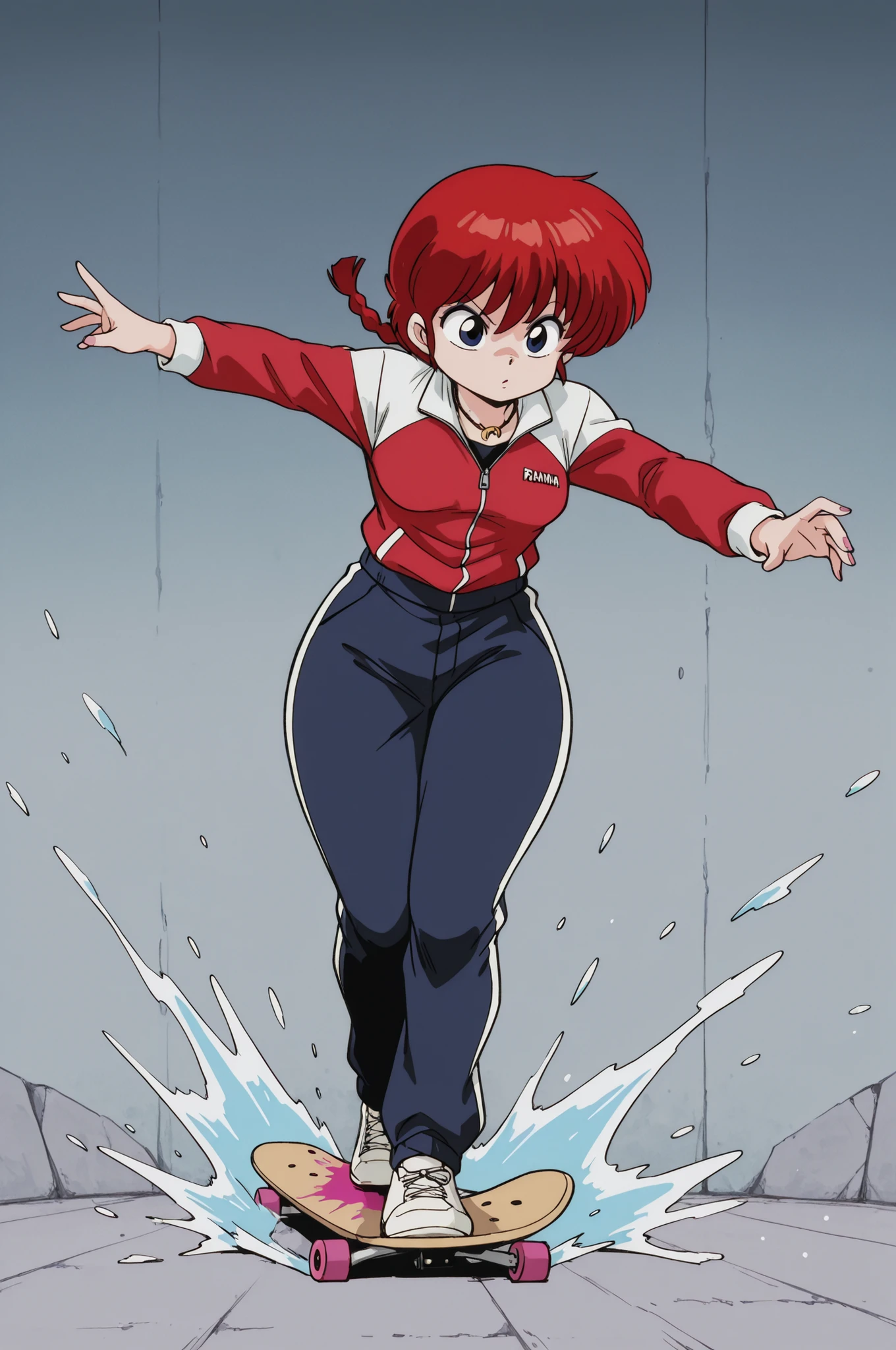 Ranma Saotome. red hair. blue eyes. braid. small breasts. wide hips. necklace. black eyeliner. pink manicure. | A_style,Skateboarding action with splashing colors, extreme tricks, bold color splatters, concrete skatepark, comic - book - like shading, showcasing athleticism. tracksuit with three stripes. Olympic jacket, trousers, three stripes,solo, 1girl