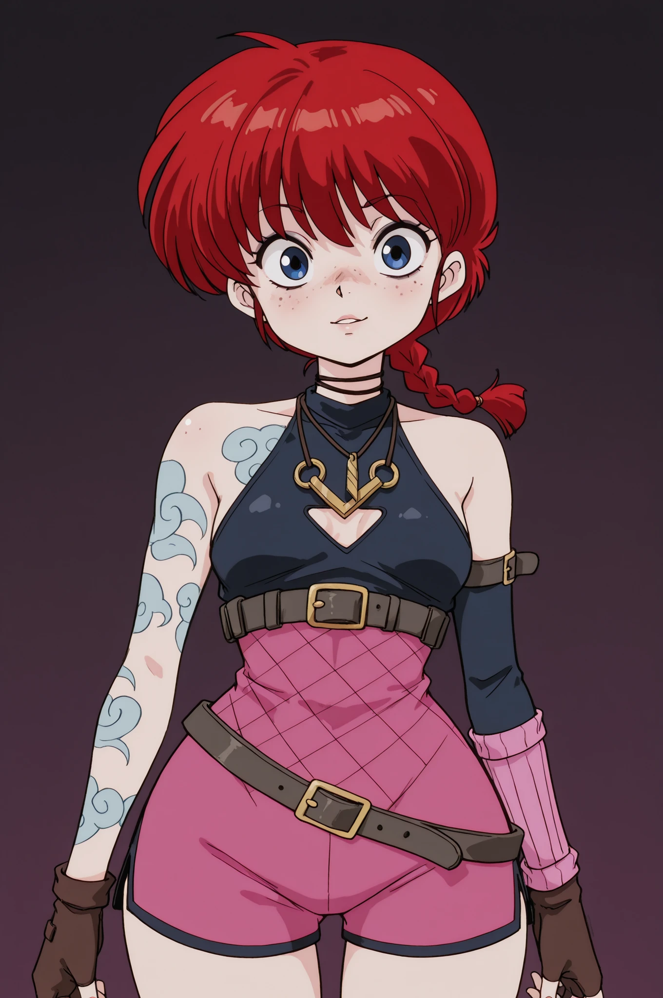 Ranma Saotome. red hair. blue eyes. braid. small breasts. wide hips. necklace. black eyeliner. pink manicure. | shoulder tattoo, jinx (league of legends), clothing cutout, freckles, beautiful eyes, detailed face, looking at viewer, dynamic composition, yandere expression, dynamic pose, anime style, anime, pastel, no lineart, flat color, ink art,,