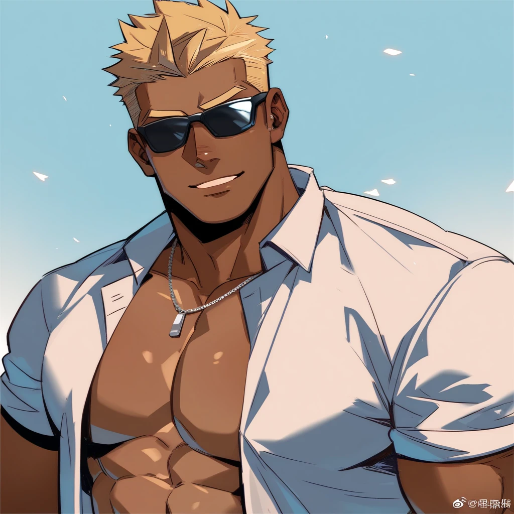 (เด็กชาย 1 คน,เป็นผู้ชาย),หนุ่มอนิเมะกล้ามโตในยิม,  expression like , 1boy, bikini, Tight muscles, Broad shoulders, Handsome and old, Tiny , Sexy, , Guy, Gay, Sea, jacket, sunglasses, boy, floral bikini, bright white hair, tight leg muscles, big Cook,