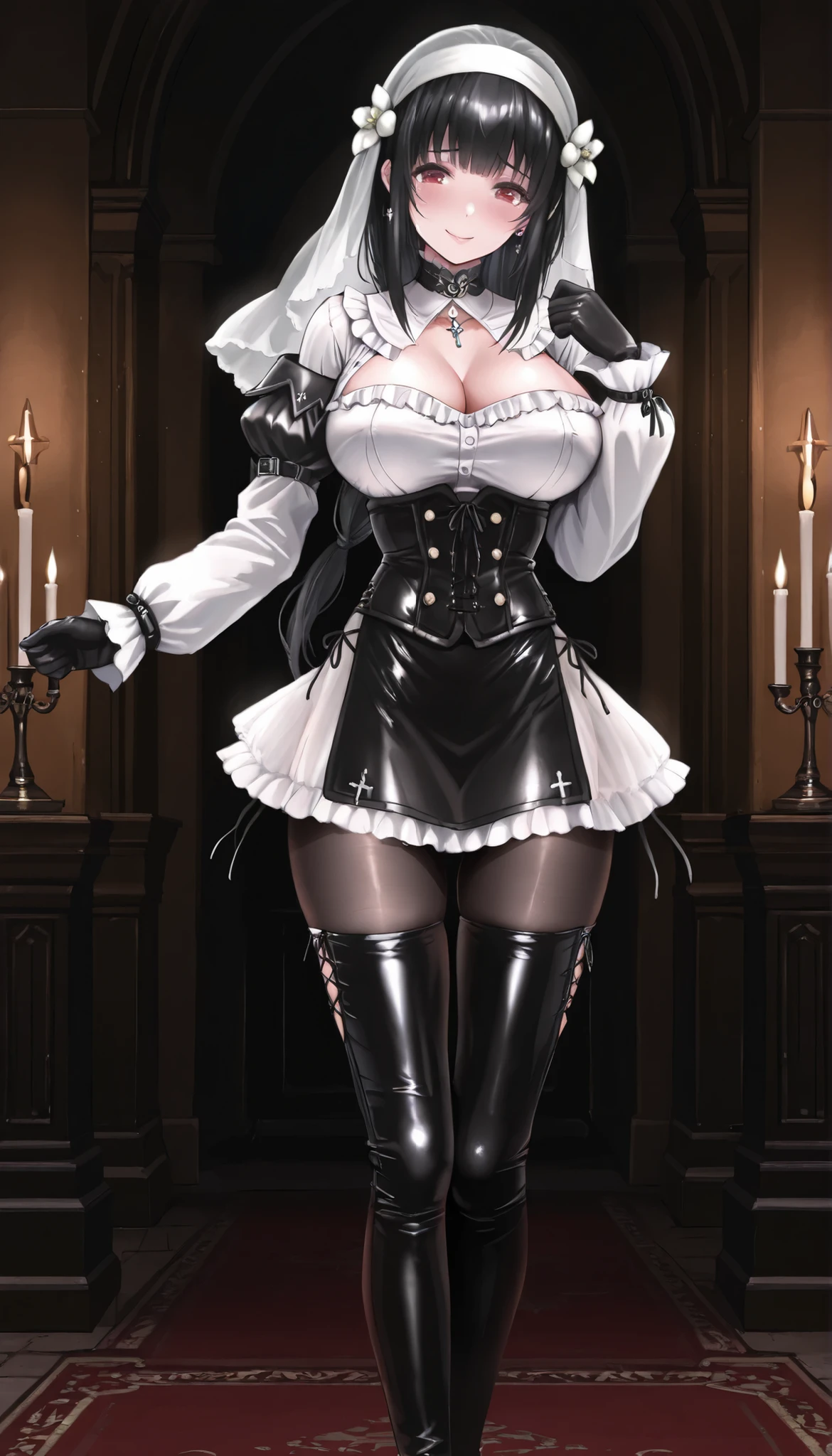  masterpiece, the best quality, muy estético, approach, 1girl, rabiane,  nun's veil skirt, Alone, standing, dynamic pose, shy smile, black high boots, thigh-high boots,  cchoker:1.6, buttoned shirt, (( Buttoned white buttoned shirt)), ((plain white long sleeve buttoned shirt)), ((black leather corset)), black leather gloves, (((Shiny black leather leggings))), Detailed face, detailed eyes, detailed eyes, Red Eyes, black hair, Pechos grandes, dark, Elegant room, candles, candelabras, at night