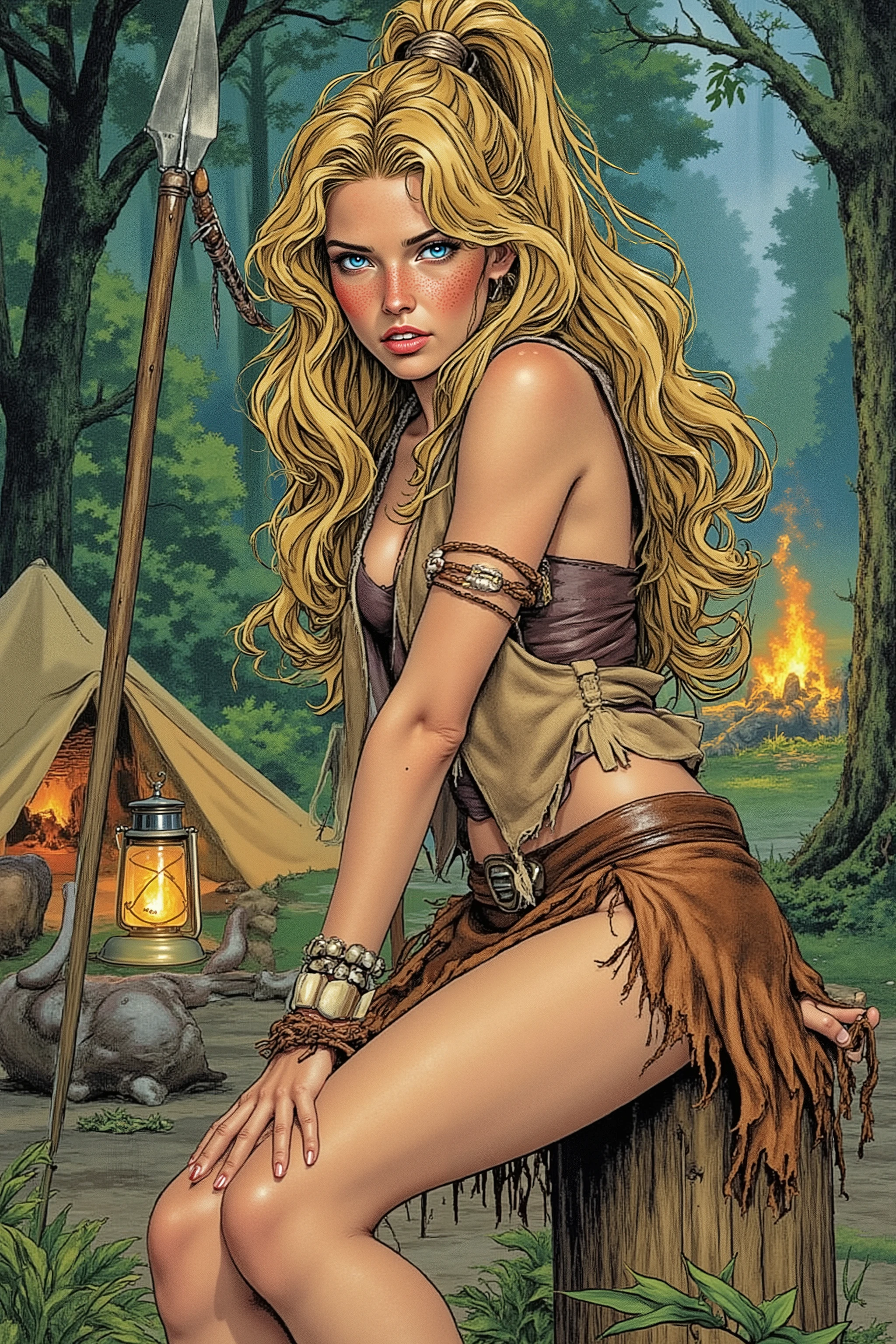 Teen,Teen Girl,itacomic1 illustration,Daria,C4STL3V4NI4,Girl,
💋 : Kaelia – Die Wilde Blume
🌟 : Comicstyle, 4K, Don Lawrence Style, inspiriert von Comics der 80er und Amazonengeschichten, hochdetailliert, klare Linien, lebendige Farben, verschiedene Perspektiven: seitenansicht,
Lichtverhältnisse: sonnenaufgang
🌌 : Dichter Wald mit flackerndem Lagerfeuer, frische Luft mit Duft von Erde und Kräutern,
Hintergründ: jagdtscene,
Tageszeiten: morgens,
😈 : Junge Frau mit sommersprossigem, gebräuntem Gesicht, hellblaue, wache Augen, wilde honigfarbene Mähne zu einem hohen Pferdeschwanz gebunden, einige Strähnen wehen im Wind, schlanke, sehnige Statur mit agiler Grazie, konsistente Gesichtszüge und Körperproportionen
🔥 : Kleidung: Hautenges Trägeroberteil aus gegerbtem Leder, ausgefranster knielanger Lederrock bis mid-thigh, barfuß mit narbenbedeckten Füßen, leichte primitive Wildlederweste mit Flusssteinen und Holzperlen, Schmuck aus Federn, Fischknochen, geflochtenen Gräsern und Eberzähnen, bemalt mit wilden Streifen aus farbiger Erde auf Armen und Gesicht
Details: Fokus auf Texturen (Leder, Narben, Schmuck), konsistente Hauttöne, Sommersprossen, Augenfarbe, Haarsträhnen
Pose: Rast an der Palisade
Beschreibung: Sie sitzt auf einem Palisadenpfosten, Speer neben sich, Laterne baumelt von einem Ast, Füße baumeln, Blick in die Ferne gerichtet.
Gesichtsausdruck: Erschöpfung und Zufriedenheit (halbbedeckte Augen, weicher Mund, leichtes Lächeln).