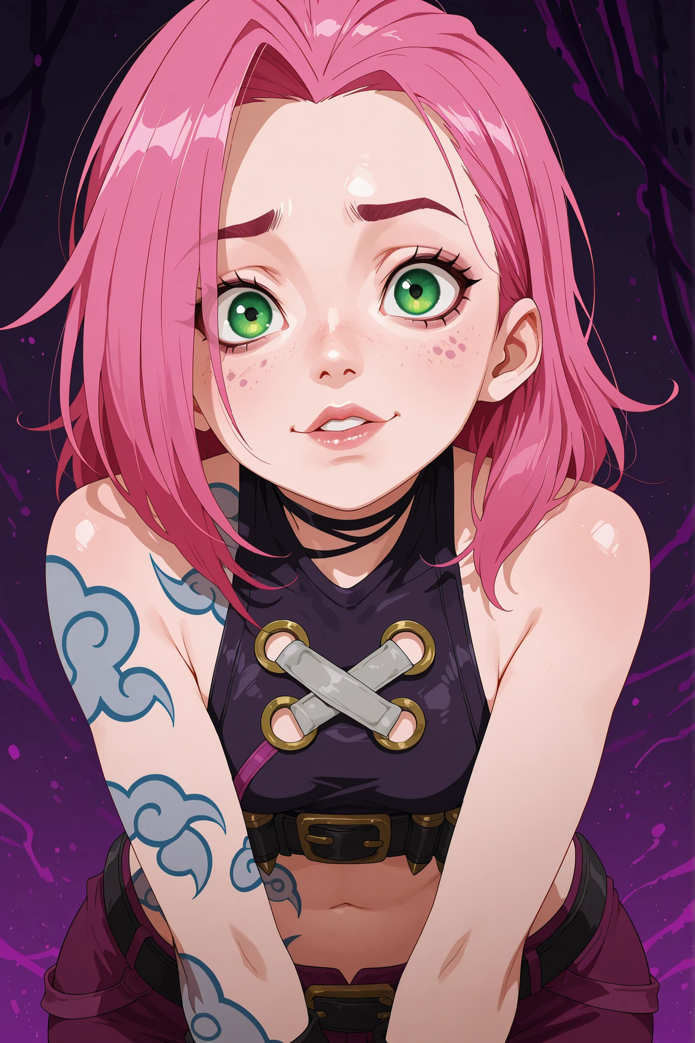 Sakura Haruno. small breasts, huge hips, pink hair, medium hair, light green eyes, thin lips, very fair skin, big forehead. | shoulder tattoo, jinx (league of legends), clothing cutout, freckles, beautiful eyes, detailed face, looking at viewer, dynamic composition, yandere expression, dynamic pose, anime style, anime, pastel, no lineart, flat color, ink art,,