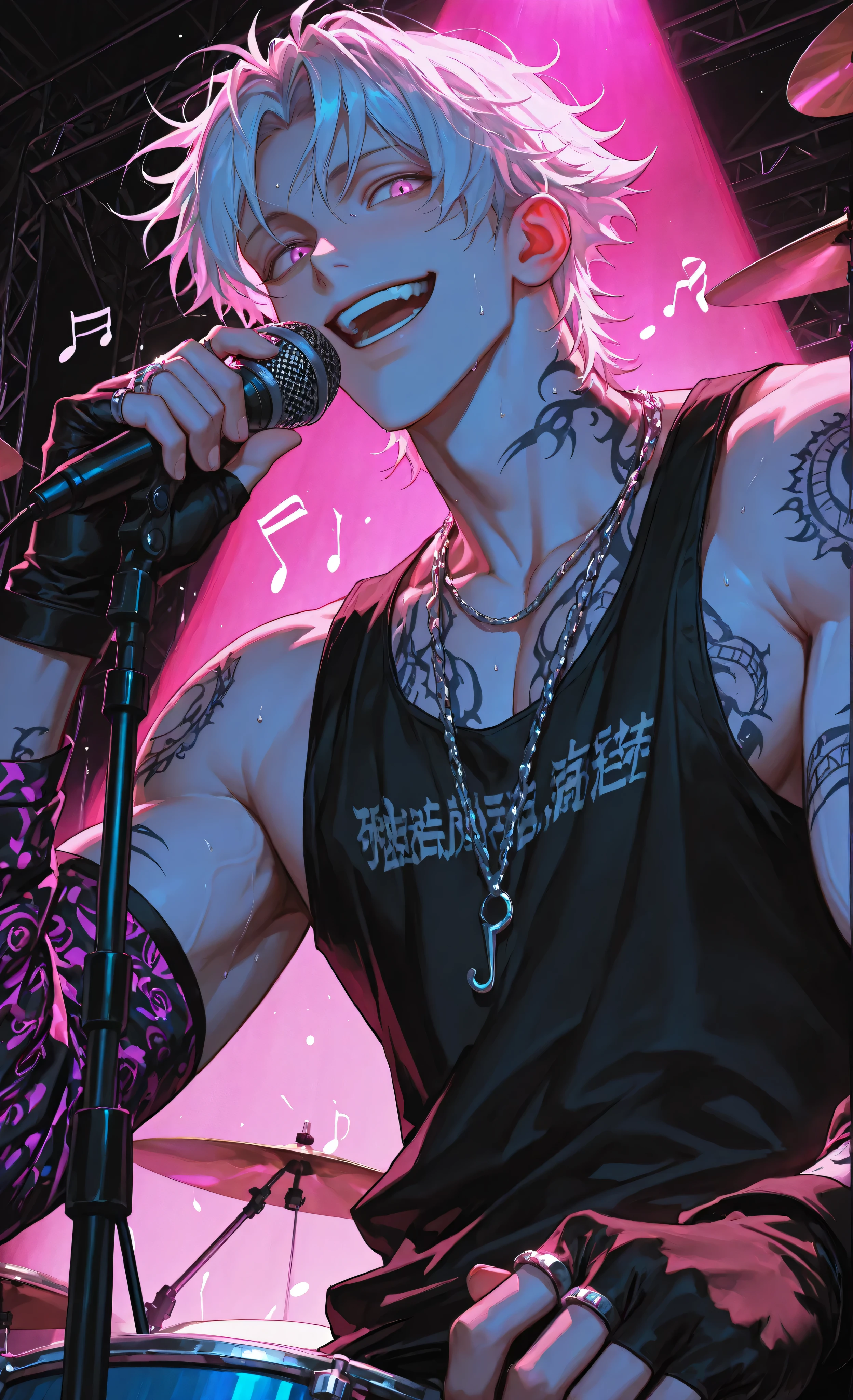 (moody lighting, dramatic shadows, bloom lighting, colored shadows, masterpiece: 1.3, 8k: 1.3, Highest quality: 1.3, detail: 1.3, high resolution: 1.3, digital painting, super detail), 1male, boy, 1male, solo, masculine, muscular, strong, pumped-up man, extreme dynamic action shot of a handsome male drummer in his late twenties in the climax of a live performance. He is screaming passionately into a microphone, positioned close to his mouth, while simultaneously drumming. Motion blur, flying sweat, wild tousled silver hair. He has a masculine face with a strong jawline, a confident, ecstatic expression with a fierce smirk. He wears a sleek black tank top, a silver chain necklace, black fingerless gloves, and multiple silver rings. His muscular arms are a blur of motion, covered in intricate tattoo sleeves (geometric patterns, musical notes). Drumsticks shattering a cymbal with explosive force, creating a visible shockwave. The deep blue drum set is vibrating. Low-angle view from below the drum kit, making the drummer look dominant and powerful. Dynamic stage lighting (vibrant pinks, blues, purples) creating dramatic light trails and colored shadows. Energetic, intense atmosphere, style of Given and Bocchi the Rock! (performance scenes), moody lighting, dramatic shadows, bloom lighting, vibrant color palette, cinematic.
