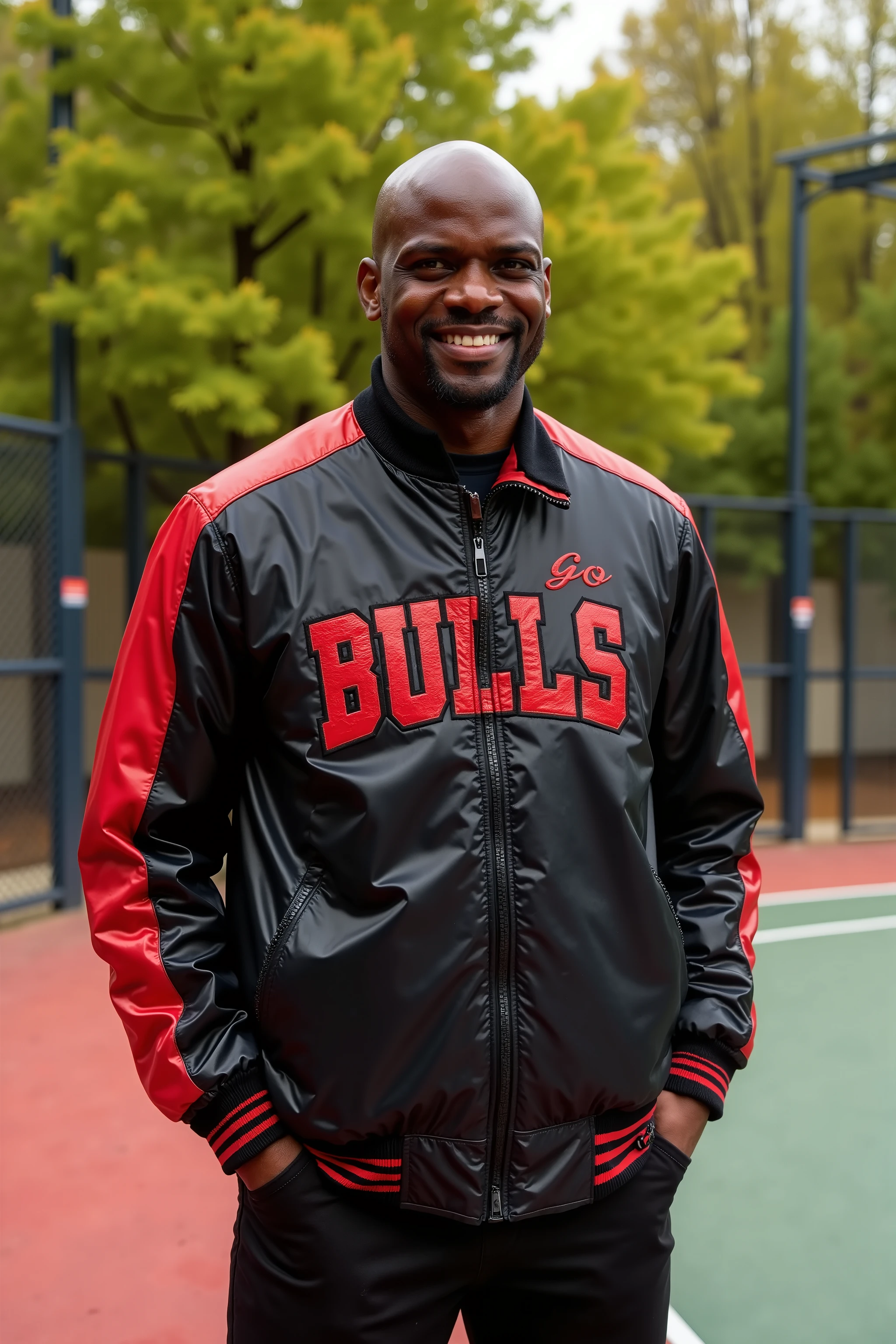 A 40 year old tall black man with a shiny bald head stands on the side of a basketball court wearing a black and red Colmar1260 with text on the “GO BULLS”