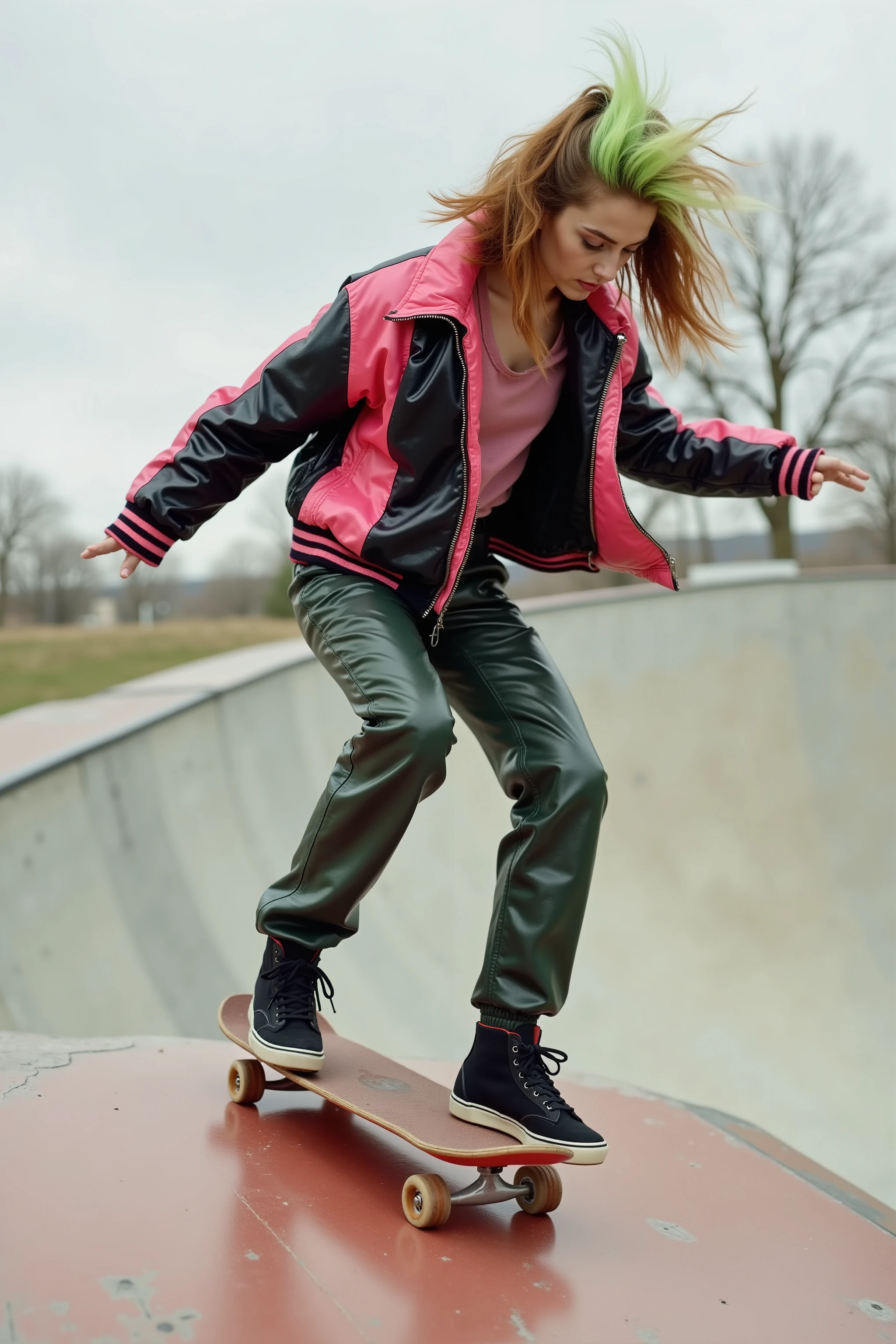 A 34 year old rebellious woman with a streak of green in her hair wears a pink and black leather jacket with black and green leather pants, she rides atop a skateboard down a half pipe ramp, she demonstrates astute ability balancing on top of the red skateboard wearing black skate shoes