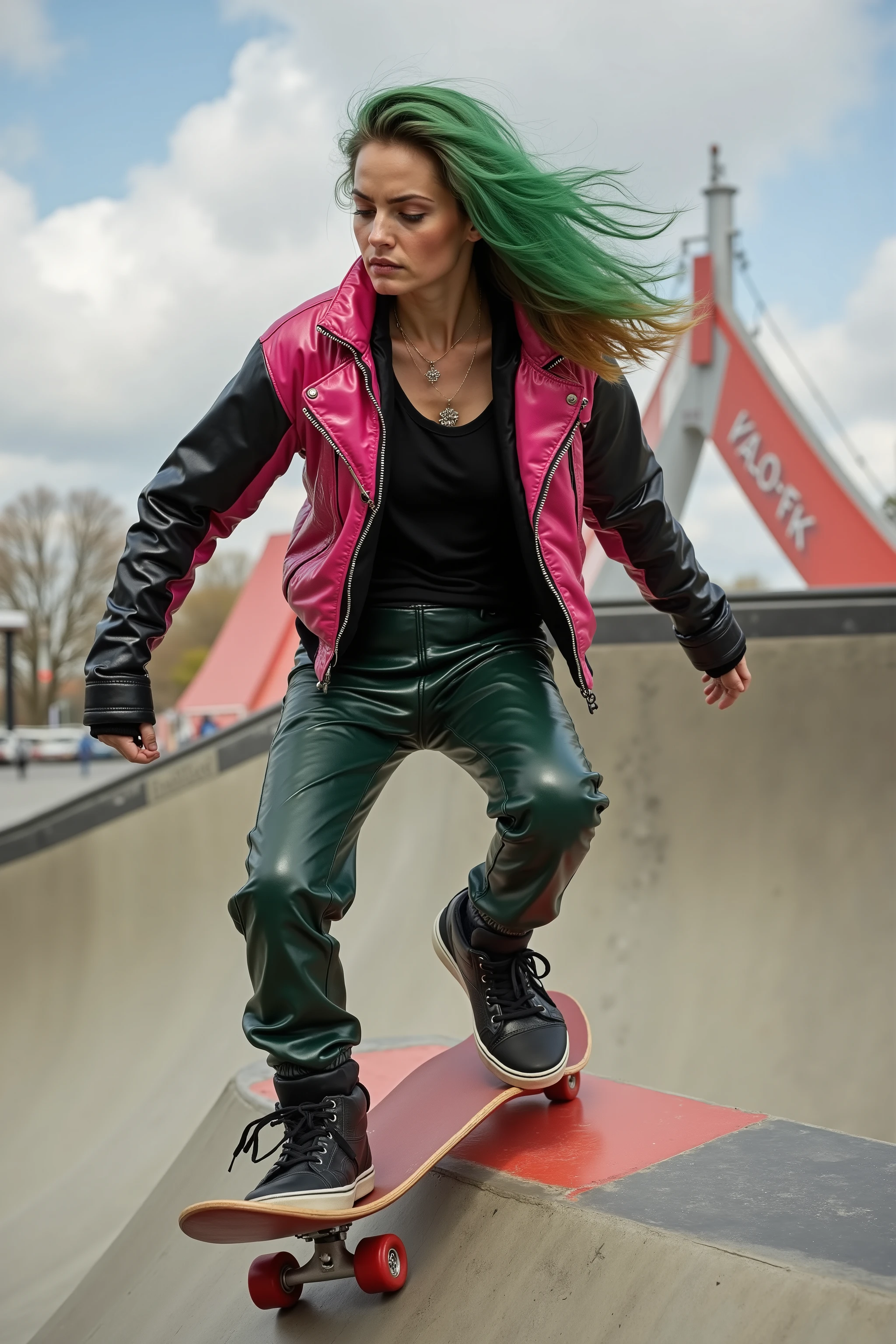 A 34 year old rebellious woman with a streak of green in her hair wears a pink and black leather jacket with black and green leather pants, she rides atop a skateboard down a half pipe ramp, she demonstrates astute ability balancing on top of the red skateboard wearing black skate shoes