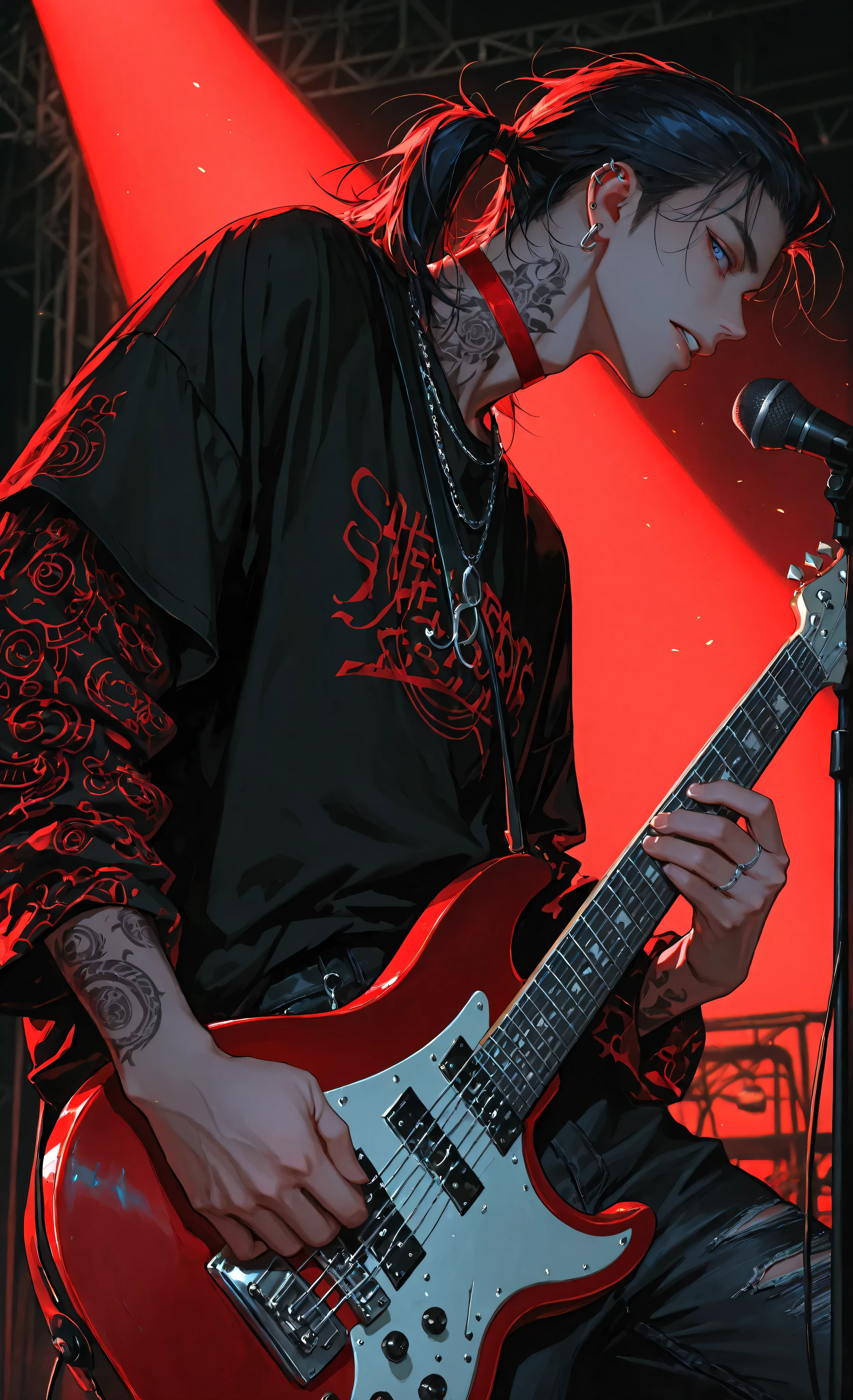 (moody lighting, dramatic shadows, bloom lighting, colored shadows,masterpiece: 1.3, 8k: 1.3, Highest quality: 1.3, detail: 1.3, high resolution: 1.3, digital painting, super detail, 1male, boy, Side view, Dynamic pose with guitar in hand, hip-high frame) The dynamic illustration shows a male rock guitarist playing in the middle of a performance and completely focused on the instrument. He looks at the viewer, slightly turning his head towards him., has dark loose hair Colored strands of red pulled back in a ponytail, and piercing dark blue eyes. He is wearing a black T-shirt with a white letter "A" on the front, ripped black jeans and black shoes. His arms are covered in intricate tattoo sleeves (geometric patterns, musical notes). His expression is fierce, his mouth is slightly open in a snarl, a silver ring is visible in his lip, he sings into the microphone. In his hands he holds a bright red electric guitar in the shape of the letter "V". The spectacular look is complemented by a red choker necklace and a variety of silver chains. The stage is illuminated by the soft light of the stage spotlights. The microphone is mounted on a black stand. Spectacular lighting casts shadows and creates a sense of energy and movement. The style of performance in bright colors resembles anime, rock concert posters or manga. The composition is made in the form of a medium frame that fixes the upper part of the guitarist's body, the guitar and part of the stage. The background is blurry, with white abstract shapes. The general mood is energetic and rebellious.