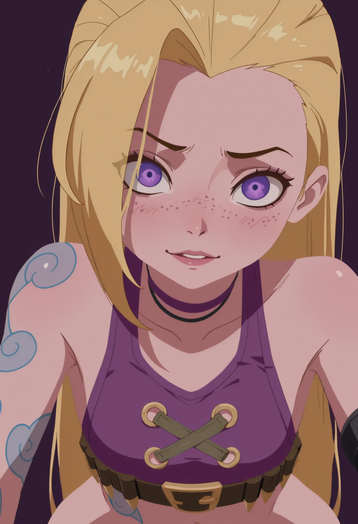 Pacifica Northwest, flat breasts, flat chest, skinny, huge hips, long hair, blonde hair, choker ,| shoulder tattoo, jinx (league of legends), clothing cutout, freckles, beautiful eyes, detailed face, looking at viewer, dynamic composition, yandere expression, dynamic pose, anime style, anime, pastel, no lineart, flat color, ink art,,