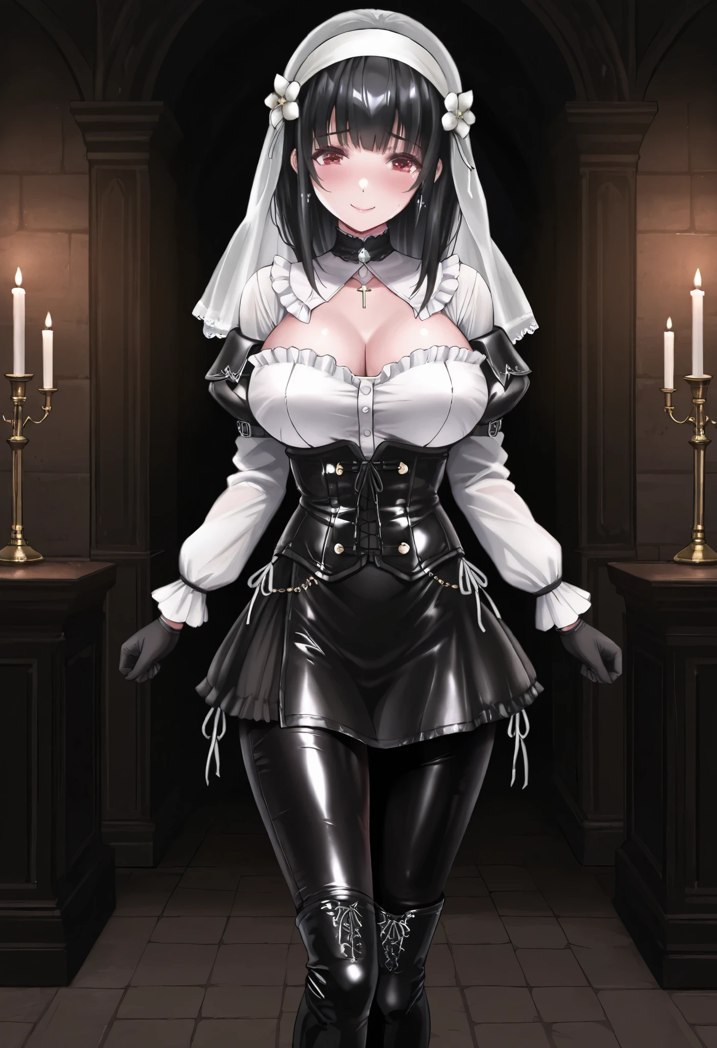  masterpiece, the best quality, muy estético, approach, 1girl, rabiane,  nun's veil skirt, Alone, standing, dynamic pose, shy smile, black high boots, thigh-high boots,  cchoker:1.6, buttoned shirt, (( Buttoned white buttoned shirt)), ((plain white long sleeve buttoned shirt)), ((black leather corset)), black leather gloves, (((Shiny black leather leggings))), Detailed face, detailed eyes, detailed eyes, Red Eyes, black hair, Pechos grandes, dark, Elegant room, candles, candelabras, at night