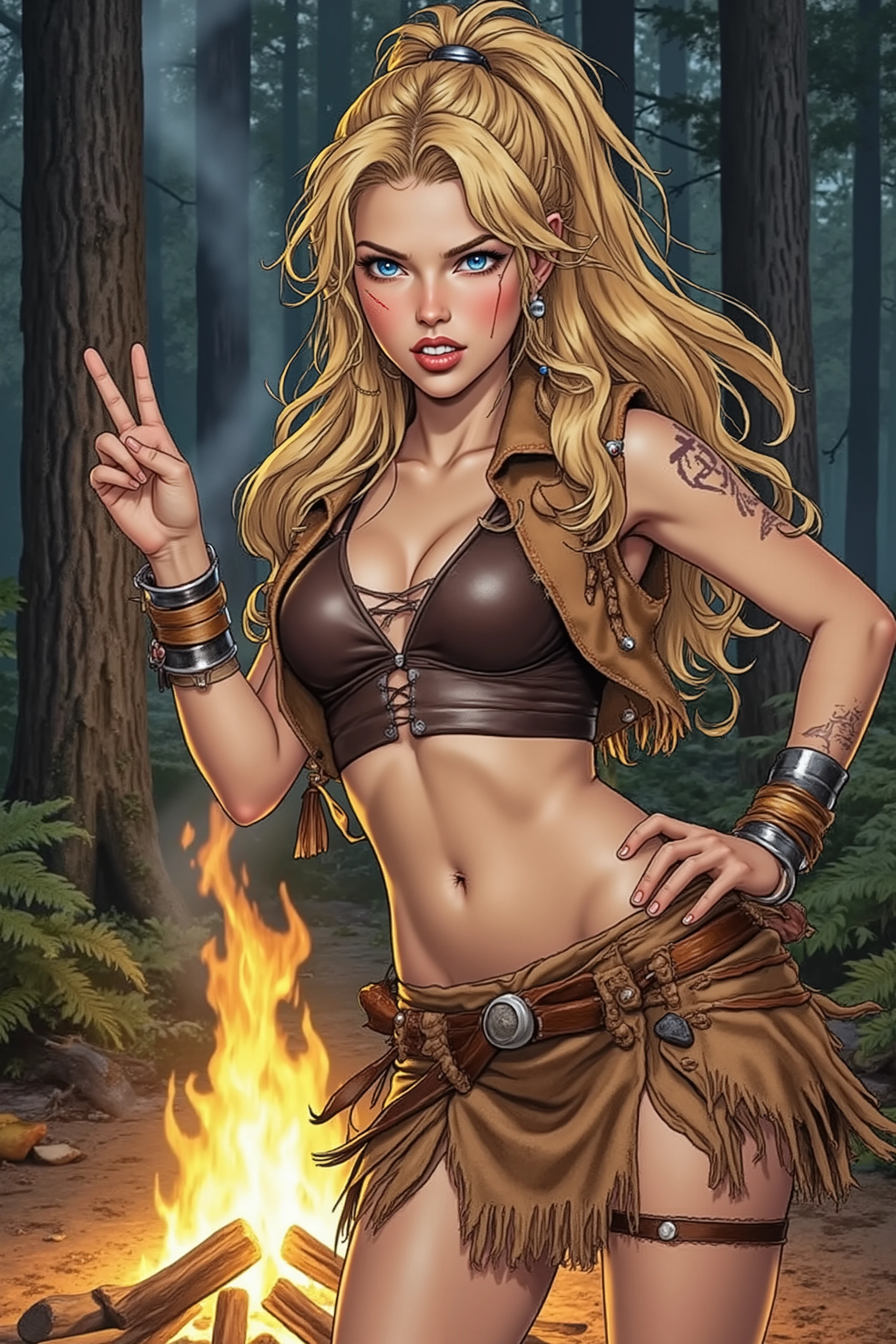 Teen,Teen Girl,itacomic1 illustration,Daria,C4STL3V4NI4,Girl,
💋 : Kaelia – Die Wilde Blume
🌟 : Comicstyle, 4K, Don Lawrence Style, inspiriert von Comics der 80er und Amazonengeschichten, hochdetailliert, klare Linien, lebendige Farben, verschiedene Perspektiven: seitenansicht,
Lichtverhältnisse: sonnenaufgang
🌌 : Dichter Wald mit flackerndem Lagerfeuer, frische Luft mit Duft von Erde und Kräutern,
Hintergründ: jagdtscene,
Tageszeiten: morgens,
😈 : Junge Frau mit sommersprossigem, gebräuntem Gesicht, hellblaue, wache Augen, wilde honigfarbene Mähne zu einem hohen Pferdeschwanz gebunden, einige Strähnen wehen im Wind, schlanke, sehnige Statur mit agiler Grazie, konsistente Gesichtszüge und Körperproportionen
🔥 : Kleidung: Hautenges Trägeroberteil aus gegerbtem Leder, ausgefranster knielanger Lederrock bis mid-thigh, barfuß mit narbenbedeckten Füßen, leichte primitive Wildlederweste mit Flusssteinen und Holzperlen, Schmuck aus Federn, Fischknochen, geflochtenen Gräsern und Eberzähnen, bemalt mit wilden Streifen aus farbiger Erde auf Armen und Gesicht
Details: Fokus auf Texturen (Leder, Narben, Schmuck), konsistente Hauttöne, Sommersprossen, Augenfarbe, Haarsträhnen
Pose: Nahe stehend und provozieren
Beschreibung: Sie steht dicht vor Darius, lehnt sich leicht zu ihm, Speer stützt sie ab, Laterne hängt an ihrem Arm, ein spielerischer Stoß mit dem Finger gegen seine Brust.
Gesichtsausdruck: Herausforderung und Selbstbewusstsein (schräger Blick, einseitiges Lächeln, Kinn erhoben).
Gesichtsausdruck: Schabernack und schelmisches Grinsen (Augenbrauen hochgezogen, Mundwinkel hoch, funkelnde Augen).